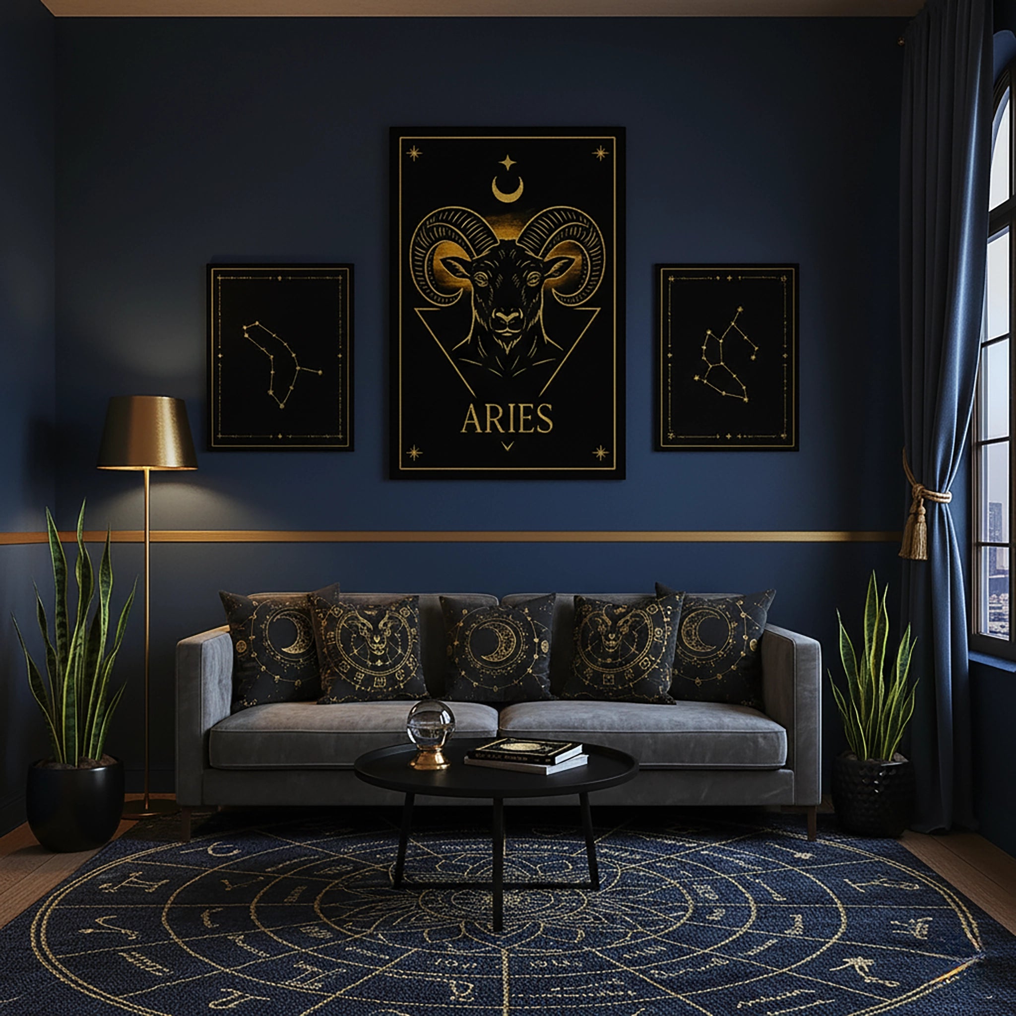 Koç başı illüstrasyonu ve altın çizgilerle tasarlanan ARIES temalı çerçevesiz kanvas tablo, siyah zemin üzerindeki minimalist astroloji kompozisyonuyla modern ve mistik bir görünüm sunar. Ay, yıldız ve geometrik üçgen detayları premium baskı kalitesiyle net şekilde öne çıkar. Burç temalı dekor arayanlar için salon, ofis ve genç odalarında dikkat çekici bir duvar sanatı olarak kullanılan şık ve özgün bir FabricUp tasarımıdır.