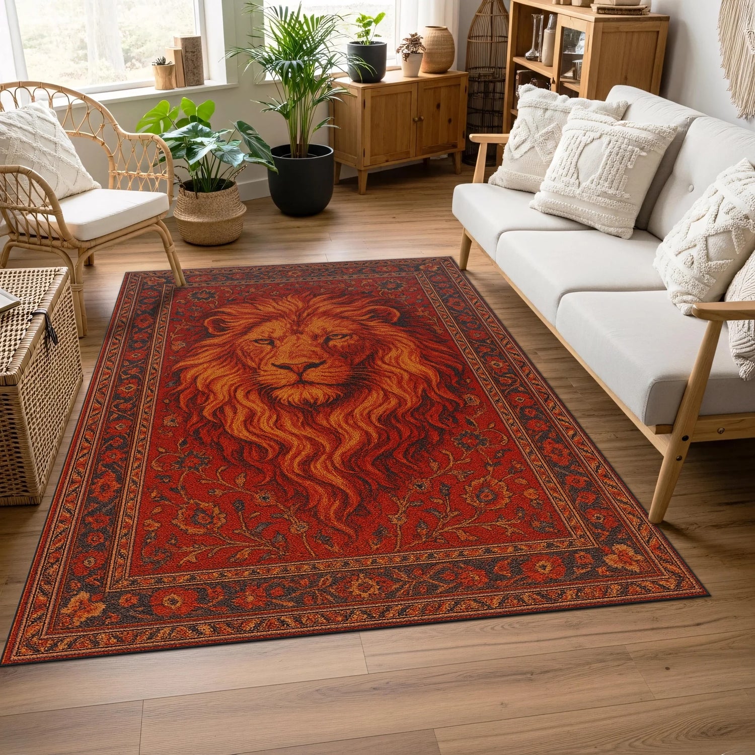 Kırmızı ve turuncu tonların hakim olduğu, merkezde detaylı aslan yüzü ve yele illüstrasyonu bulunan, etrafı klasik oryantal çiçek ve geometrik motifli bordürlerle çevrili, simetrik kompozisyonlu, güçlü ve asil hayvan temalı dekoratif halı tasarımı.
