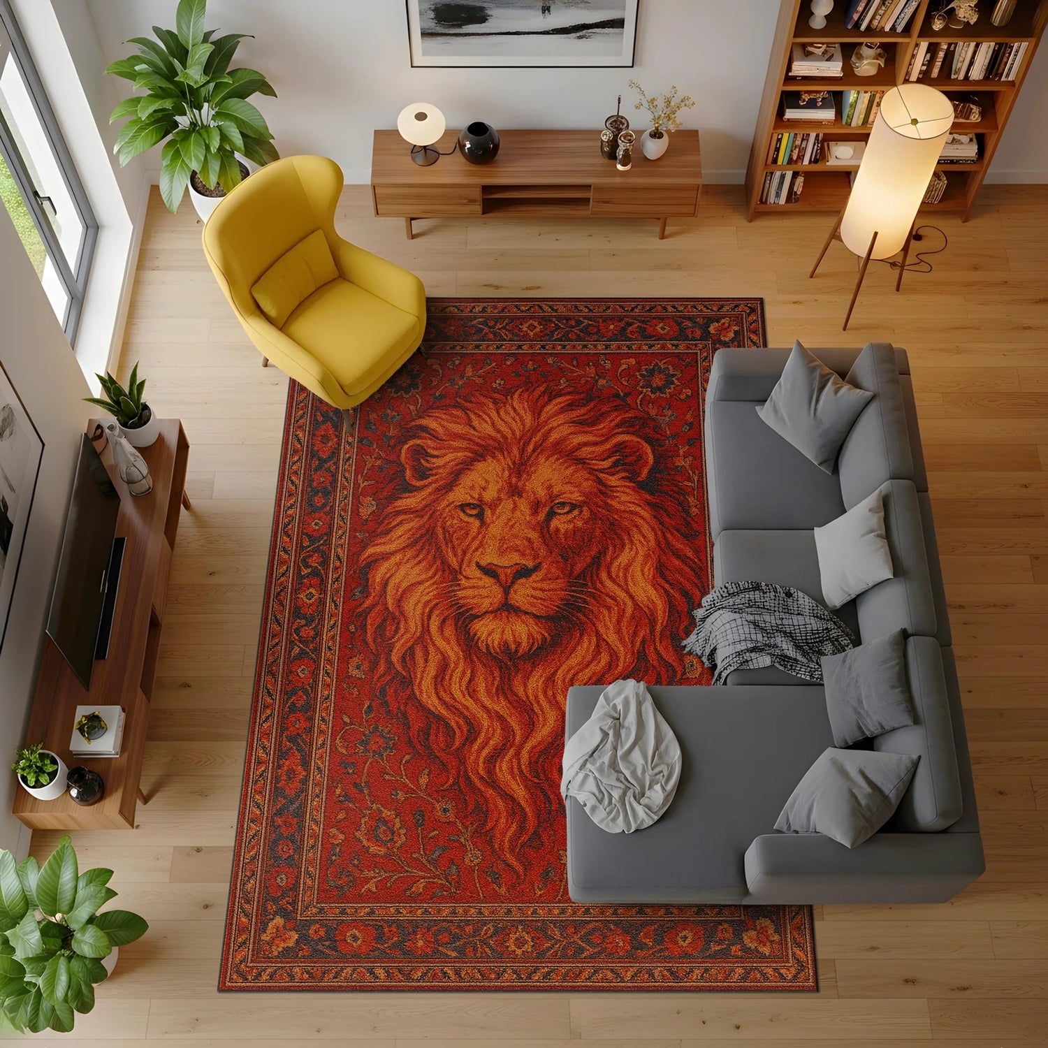 Oryantal desenli çerçeve içinde konumlandırılmış büyük aslan portresi, dalgalı ve hacimli yele detayları, sıcak kırmızı zemin, altın ve kahverengi ton geçişleriyle oluşturulmuş, kraliyet ve güç sembolü vurgusu taşıyan figürlü halı yüzeyi.
