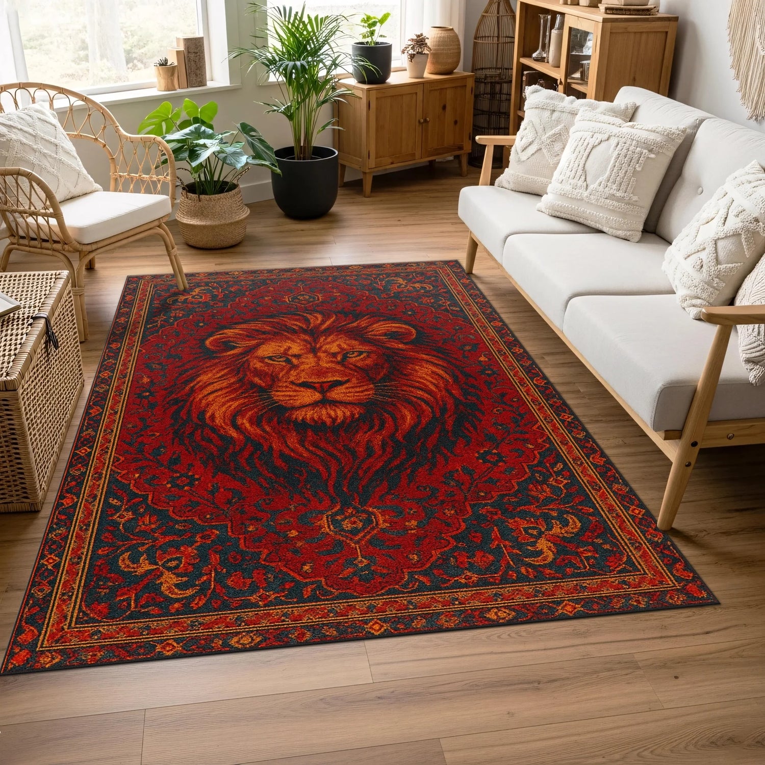 Koyu kırmızı zemin üzerinde detaylı aslan portresi ve etrafını saran klasik oryantal bordür desenleriyle tasarlanmış dijital baskı halı, güçlü hayvan figürü ve simetrik kompozisyonuyla dikkat çeken sanatsal bir görünüm sunar. Yüksek çözünürlüklü baskı sayesinde yele dokusu, yüz hatları ve motif konturları net ve dengeli görünür. Salon, ofis, antre ve konsept alanlarda kullanılabilecek bu tasarım, güç ve asalet temasını yansıtan FabricUp koleksiyonunun özel halılarındandır.
