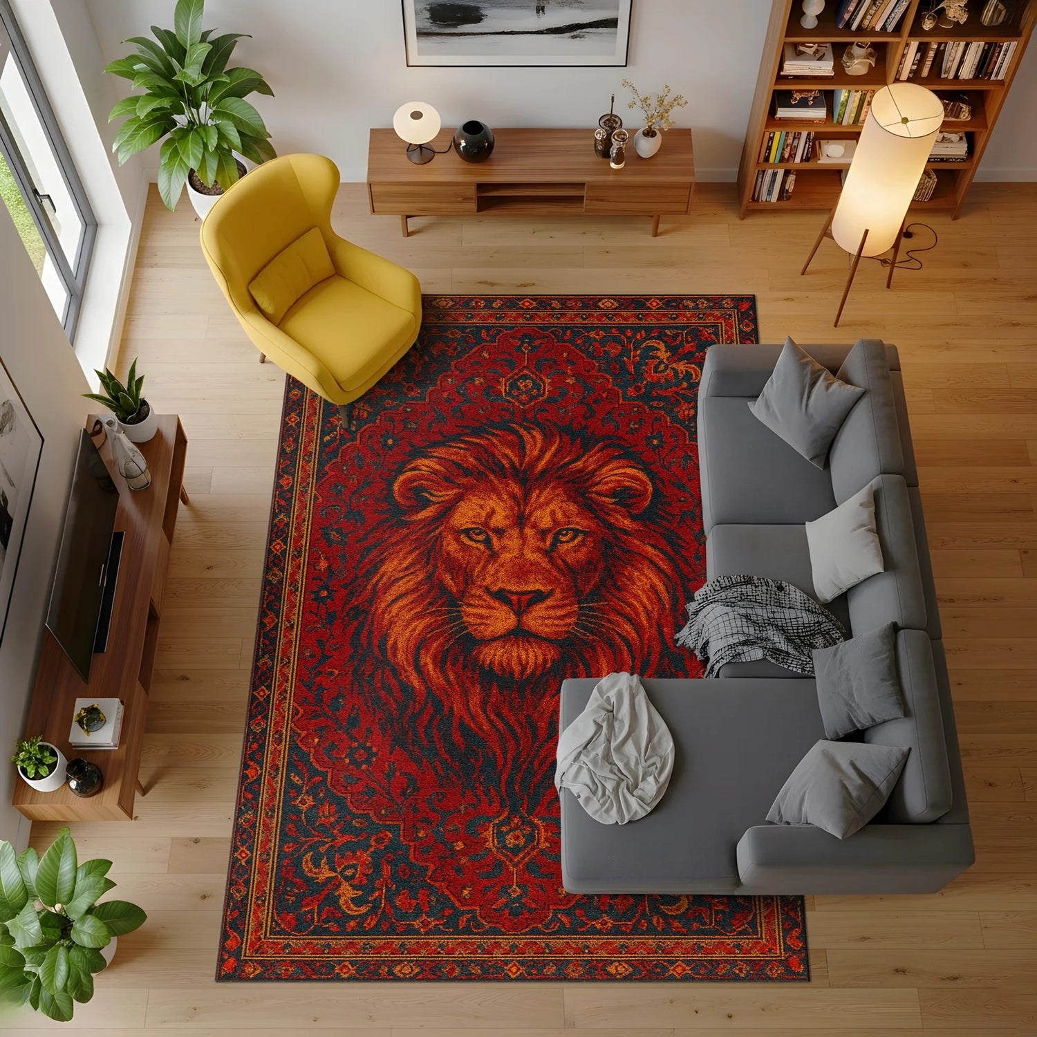 Merkezinde önden bakışlı aslan başı bulunan, kırmızı ve lacivert tonlu klasik motiflerle çevrelenmiş dijital baskı halı, dramatik renk kontrastı ve detaylı çizim stiliyle güçlü bir görsel etki oluşturur. Baskı kalitesinin yüksekliği sayesinde tüy dokuları, gölgelendirme geçişleri ve bordür desenleri keskin şekilde algılanır. Salon, çalışma alanı, ofis ve butik mekanlarda karakterli bir zemin vurgusu sunan bu halı, FabricUp markasının sanatsal koleksiyonuna aittir.
