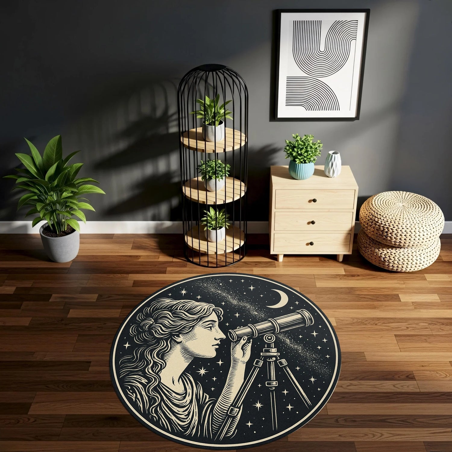 Siyah zemin üzerinde yıldızlı gökyüzüne bakan, teleskop kullanan kadın figürüyle tasarlanmış yuvarlak halı; vintage gravür stilinde çizgisel illüstrasyon, astronomi teması, yüksek kontrastlı açık bej detaylar ve simetrik dairesel kompozisyon.
