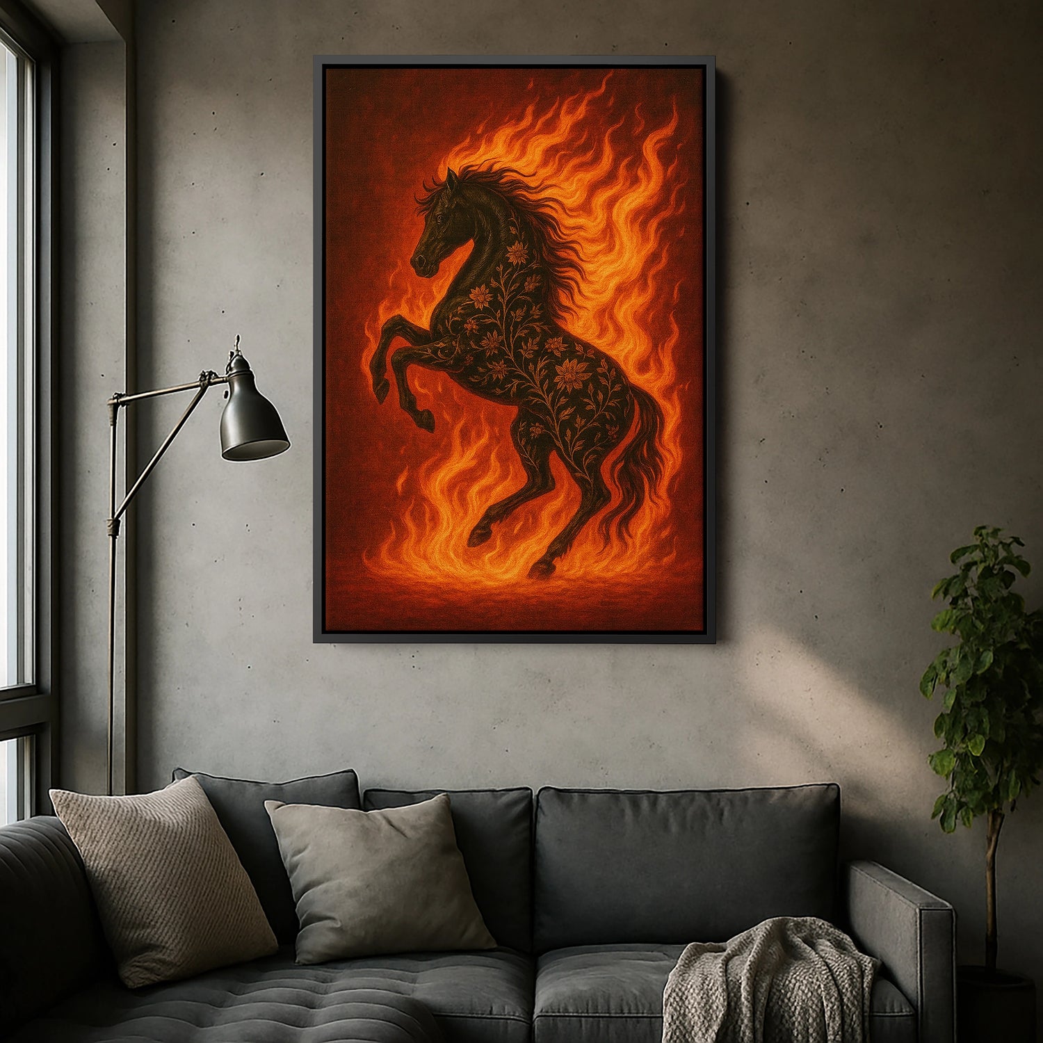 Siyah çerçeveli kanvas tablo, koyu arka plan ve ateş efektleriyle çevrili at silueti sayesinde dramatik kontrast yaratan dekoratif duvar dekoru tasarımıdır. FabricUp dijital baskı teknolojisi ile üretilen yüksek çözünürlüklü kanvas baskı, net ve canlı detaylar sunar.