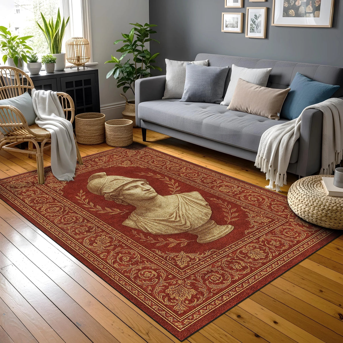 Merkez alanında antik heykel estetiğiyle tasarlanmış erkek büstü illüstrasyonu yer alan bordo tonlu dekoratif halı; taş doku hissi veren portre yüzeyi, dengeli simetri, ince işlenmiş bitkisel desenler ve geleneksel çerçeve yapısı.