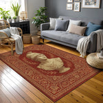 Merkez alanında antik heykel estetiğiyle tasarlanmış erkek büstü illüstrasyonu yer alan bordo tonlu dekoratif halı; taş doku hissi veren portre yüzeyi, dengeli simetri, ince işlenmiş bitkisel desenler ve geleneksel çerçeve yapısı.