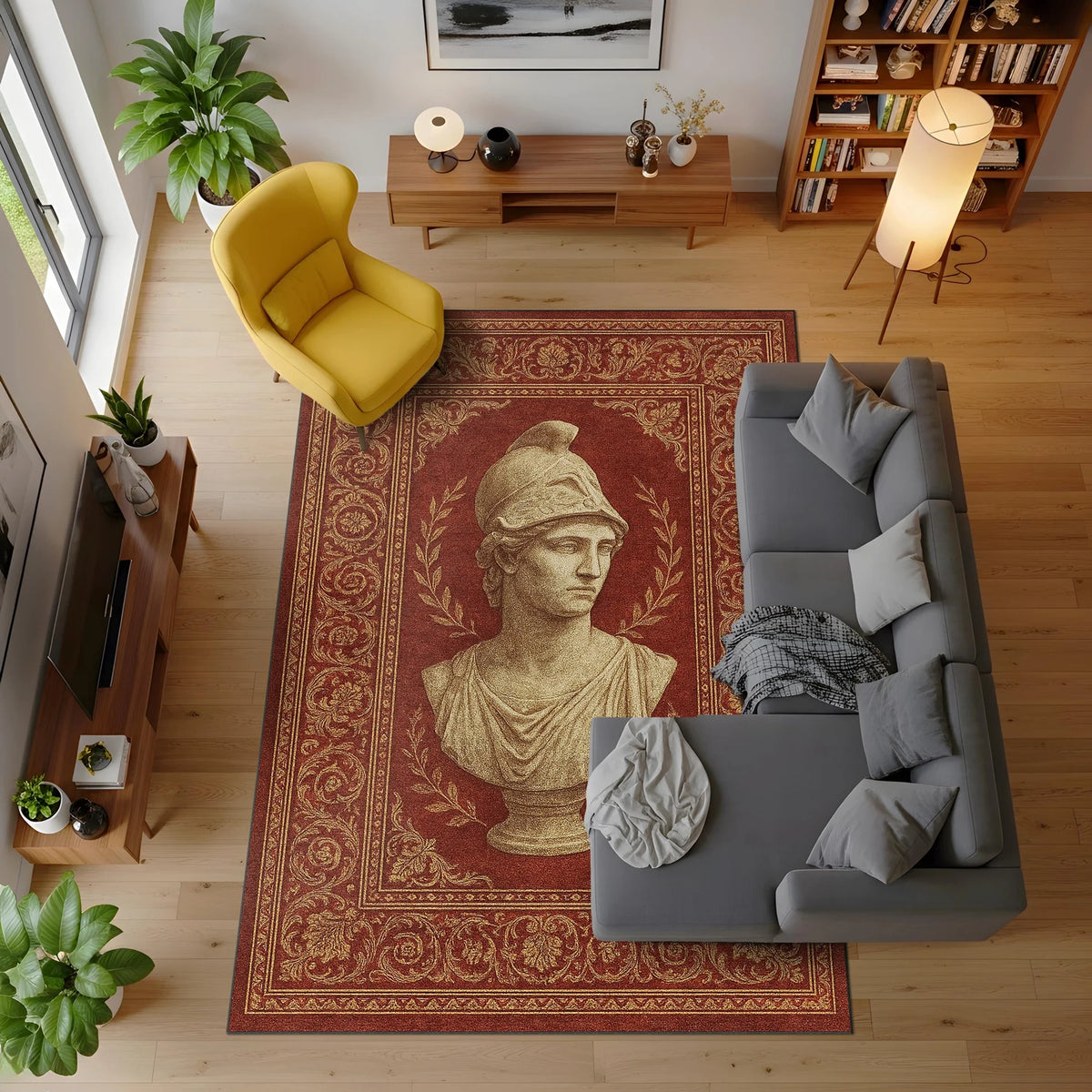 Bordo zemin üzerinde merkezde antik Yunan-Roma stilinde erkek heykel büstü figürü bulunan sanatsal halı; mermer heykel dokusunu andıran yüz ve drape detayları, etrafında simetrik floral ve geometrik motiflerle süslenmiş klasik oriental bordür kompozisyonu.