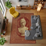 Bordo zemin üzerinde merkezde antik Yunan-Roma stilinde erkek heykel büstü figürü bulunan sanatsal halı; mermer heykel dokusunu andıran yüz ve drape detayları, etrafında simetrik floral ve geometrik motiflerle süslenmiş klasik oriental bordür kompozisyonu.