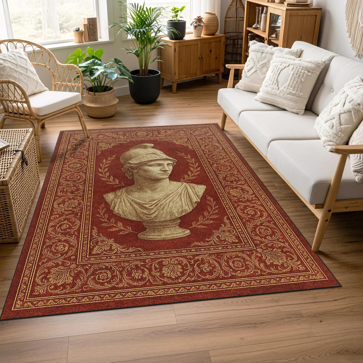 Merkezde antik erkek heykel portresi bulunan, çevresi yoğun bitkisel ve geometrik motiflerle çerçevelenmiş bordo zeminli halı; klasik dokuma estetiği, simetrik yüzey düzeni ve sanat tarihinden ilham alan güçlü görsel kompozisyon.