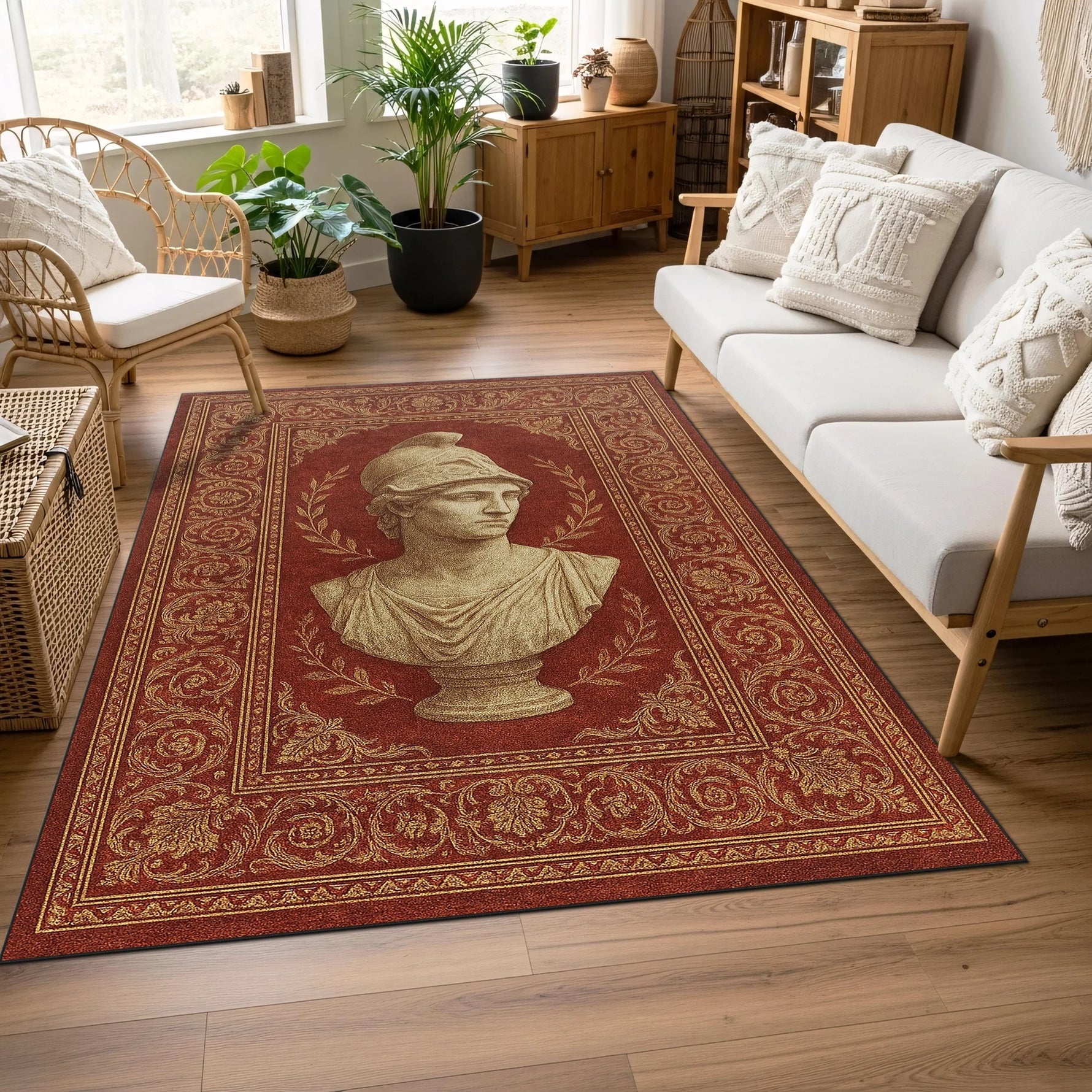 Merkezde antik erkek heykel portresi bulunan, çevresi yoğun bitkisel ve geometrik motiflerle çerçevelenmiş bordo zeminli halı; klasik dokuma estetiği, simetrik yüzey düzeni ve sanat tarihinden ilham alan güçlü görsel kompozisyon.