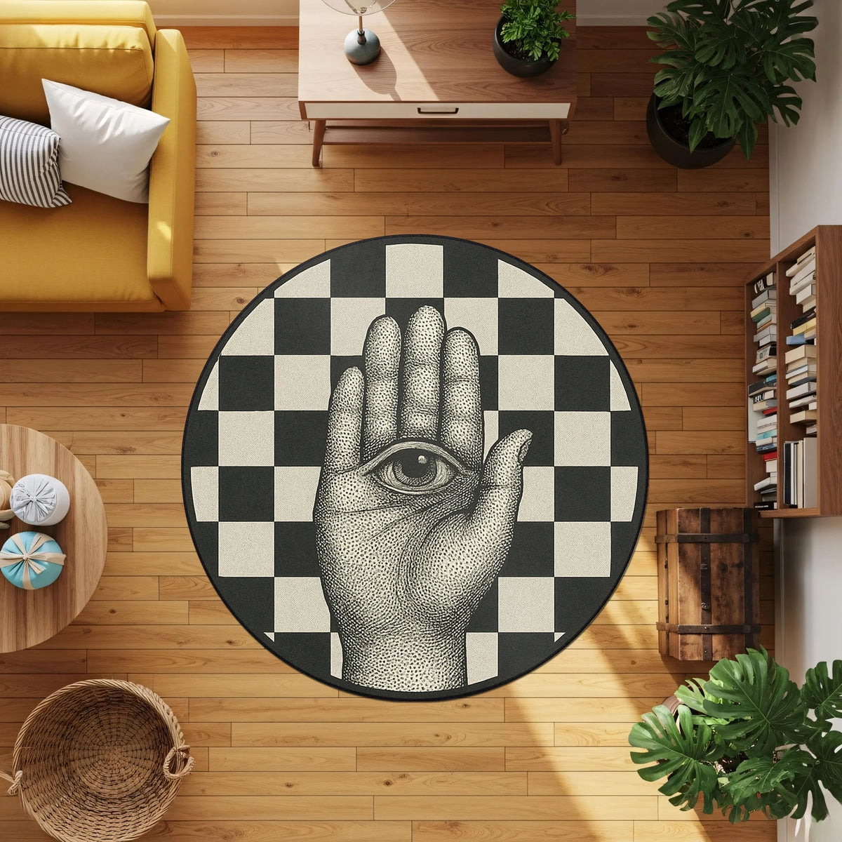 Geometrik siyah beyaz karelerden oluşan kompozisyon üzerinde perspektif etkisi veren el ve göz illüstrasyonuyla hazırlanan bu dijital baskı halı, minimal renk paletiyle güçlü bir görsel etki oluşturur. Yüksek çözünürlüklü üretim tekniği sayesinde çizgi dokuları, gölge geçişleri ve şekil sınırları net biçimde algılanır. Salon, çalışma alanı, ofis ve yaratıcı mekanlarda kullanılabilecek bu halı, modern sanat temasını yansıtan FabricUp koleksiyonuna aittir.
