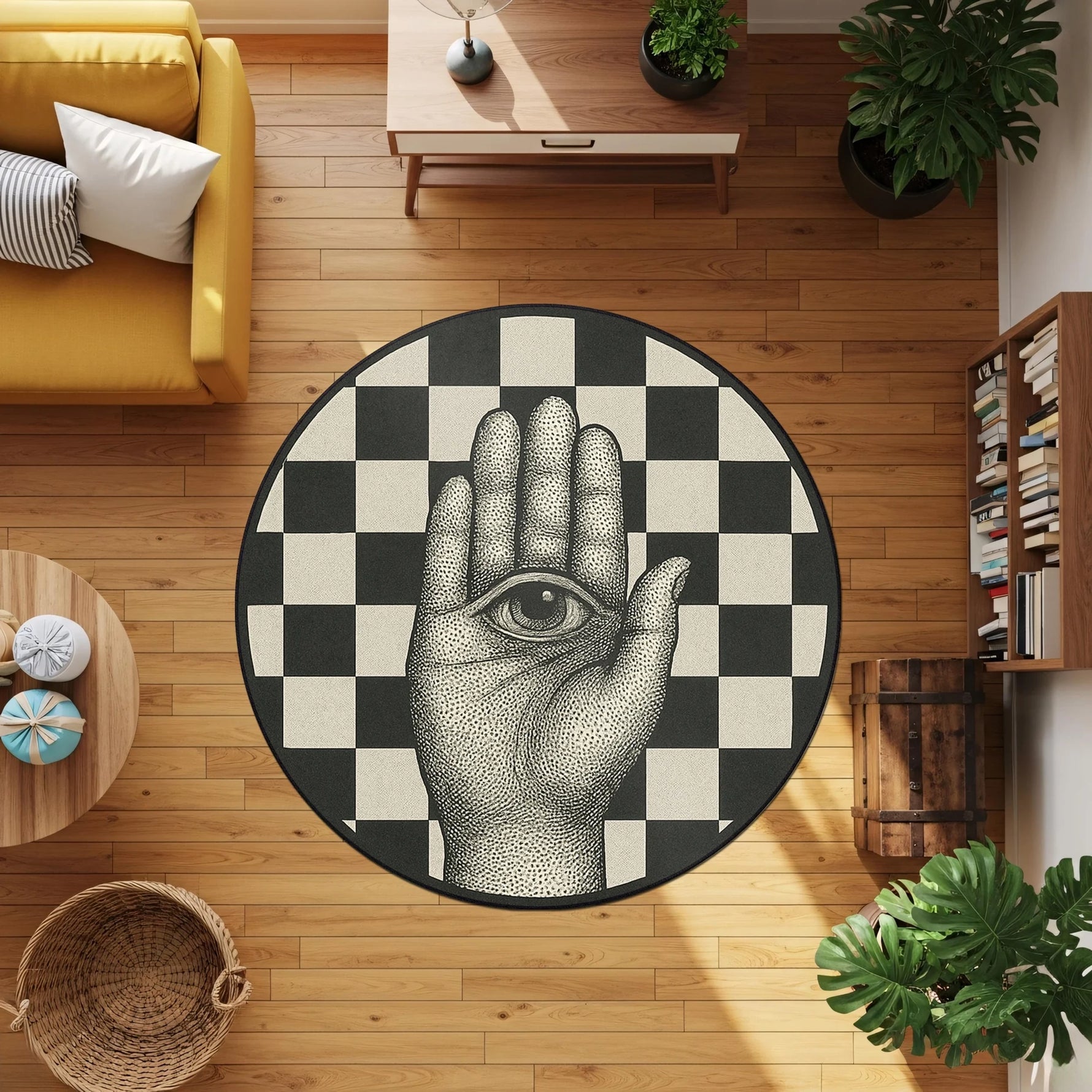 Geometrik siyah beyaz karelerden oluşan kompozisyon üzerinde perspektif etkisi veren el ve göz illüstrasyonuyla hazırlanan bu dijital baskı halı, minimal renk paletiyle güçlü bir görsel etki oluşturur. Yüksek çözünürlüklü üretim tekniği sayesinde çizgi dokuları, gölge geçişleri ve şekil sınırları net biçimde algılanır. Salon, çalışma alanı, ofis ve yaratıcı mekanlarda kullanılabilecek bu halı, modern sanat temasını yansıtan FabricUp koleksiyonuna aittir.
