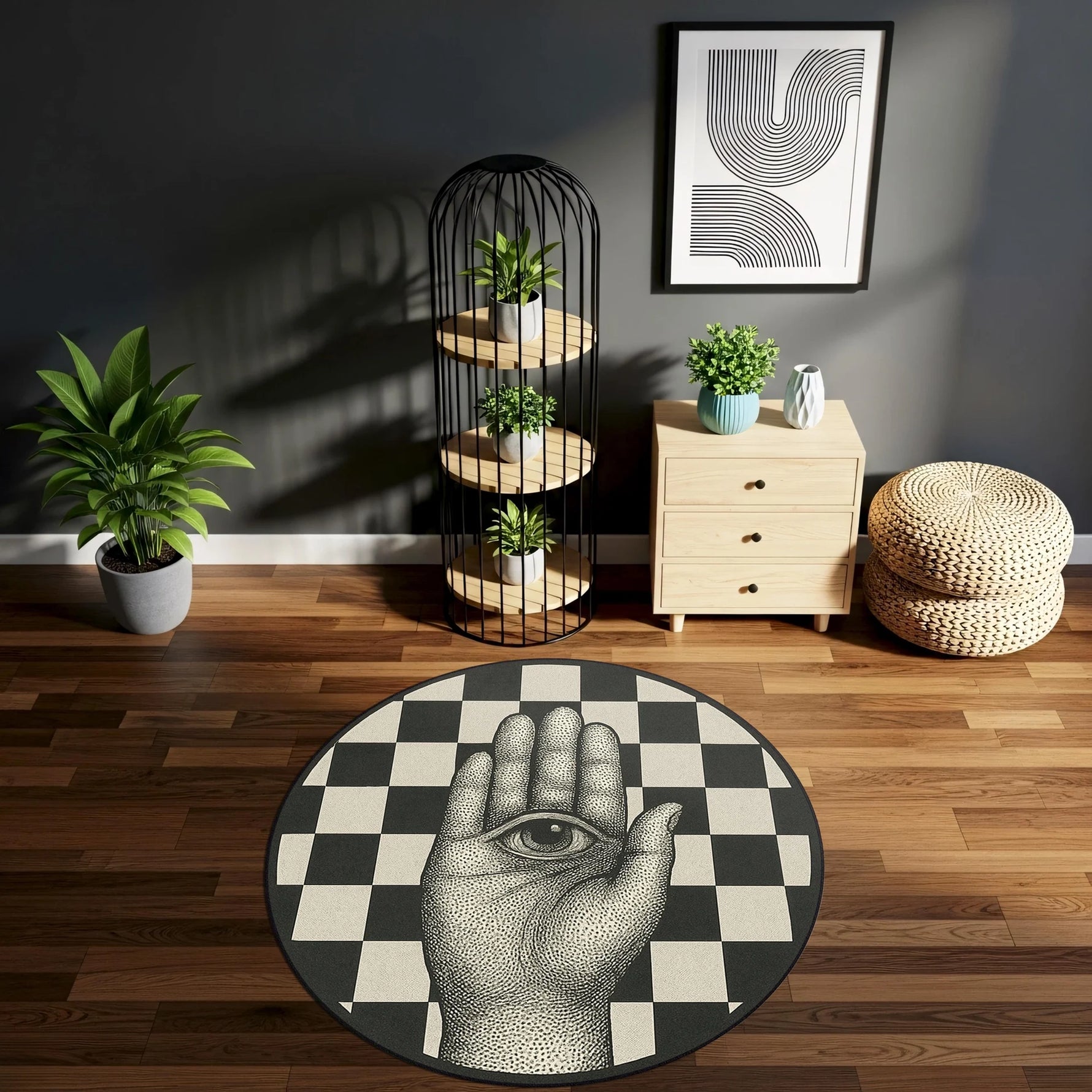 Merkezinde optik illüzyon hissi veren el ve göz çizimi bulunan, etrafı siyah beyaz dama desenleriyle çevrili yuvarlak dijital baskı halı, grafik tasarım ve sürreal sanat anlayışını bir araya getirir. Dijital baskı teknolojisi sayesinde kontur çizgileri keskin, ton geçişleri dengeli ve yüzey dokusu homojen görünür. Salon, ofis, galeri ve konsept mekanlarda dikkat çekici bir zemin etkisi sunan bu tasarım, FabricUp markasının özgün halıları arasında yer alır.
