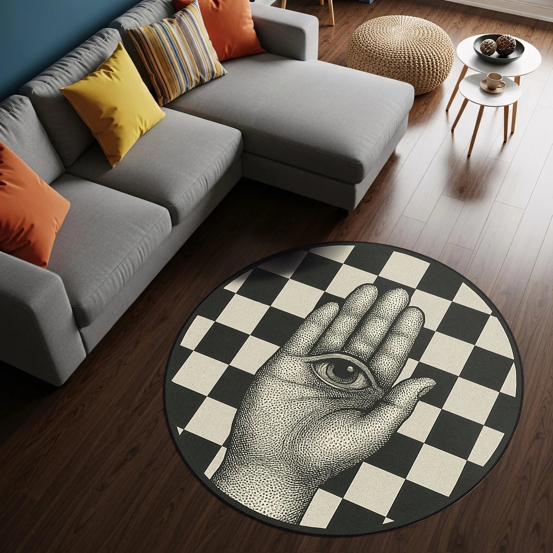 Siyah, krem ve gri tonların oluşturduğu geometrik zemin üzerinde detaylı el figürü ve merkezde göz motifiyle tasarlanan bu dijital baskı halı, derinlik algısı ve sanatsal perspektifiyle öne çıkar. Yüksek çözünürlüklü baskı sayesinde desen bütünlüğü bozulmaz, çizgi detayları net ve kontrast seviyesi dengeli görünür. Salon, ofis, çalışma odası ve modern konseptli alanlarda kullanılabilecek bu özgün halı, FabricUp koleksiyonunun sanatsal ve çağdaş tasarımlarındandır.
