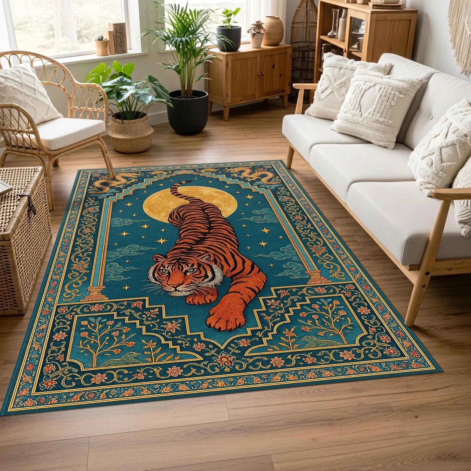 Ay Işığında Kaplan Desenli Turkuaz Halı