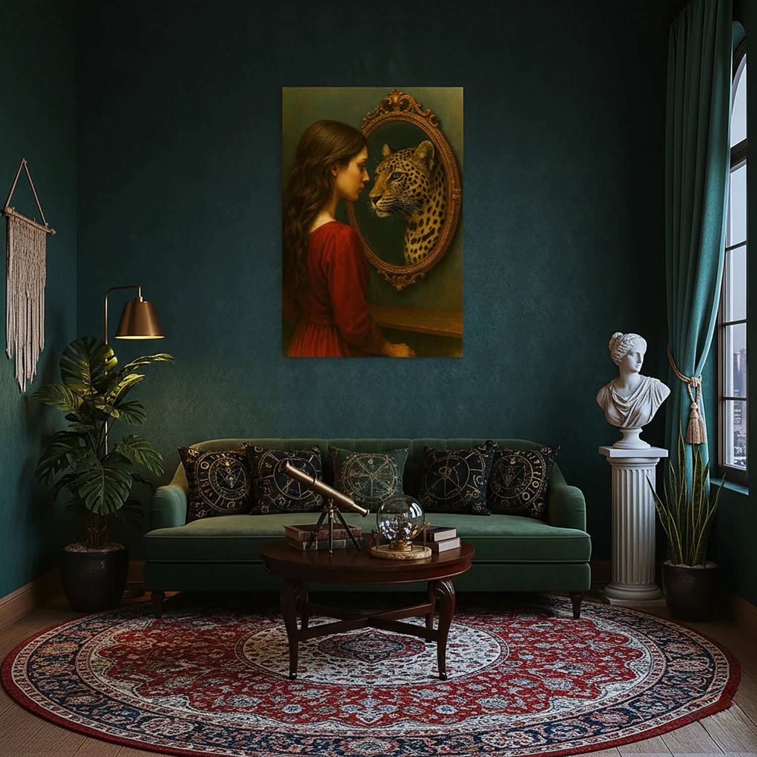 Çerçevesiz kanvas tablo, aynaya bakan kadın figürü ve aynada leopar yansımasıyla tasarlanmış sanatsal ve sürreal bir duvar dekoru sunar. Yüksek çözünürlüklü baskı kalitesi sağlayan FabricUp dijital baskı, estetik, premium ve modern dekorasyon için dikkat çekici bir sanat eseridir.