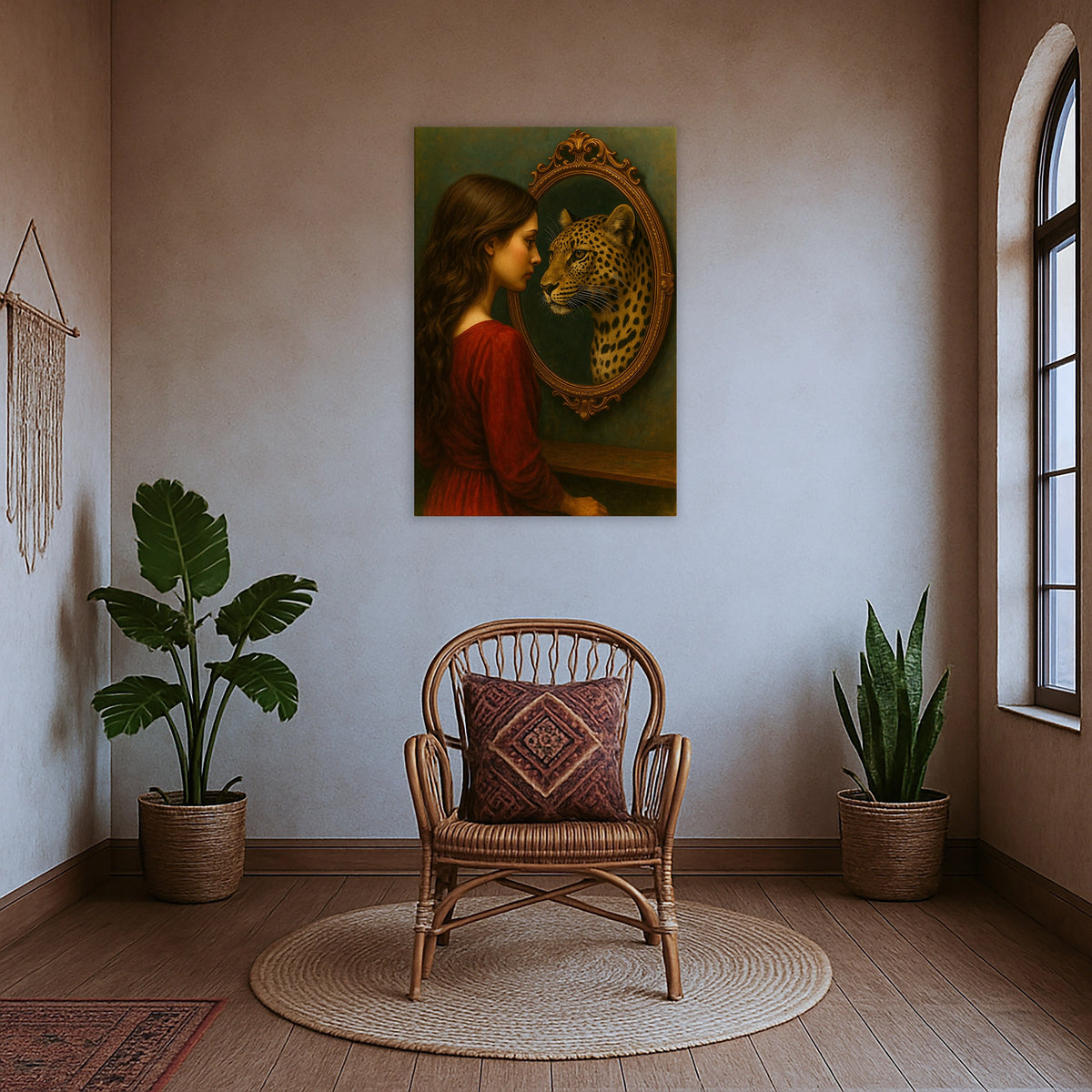 Çerçevesiz modern kanvas tablo, kadın portresi ve leopar illüstrasyonu ile tasarlanmış özgün ve hikâye anlatan bir duvar dekoru modelidir. FabricUp dijital baskı ile üretilen yüksek çözünürlüklü yüzey, dayanıklı, net ve şık görünüm sunarak mekâna karakter kazandırır.
