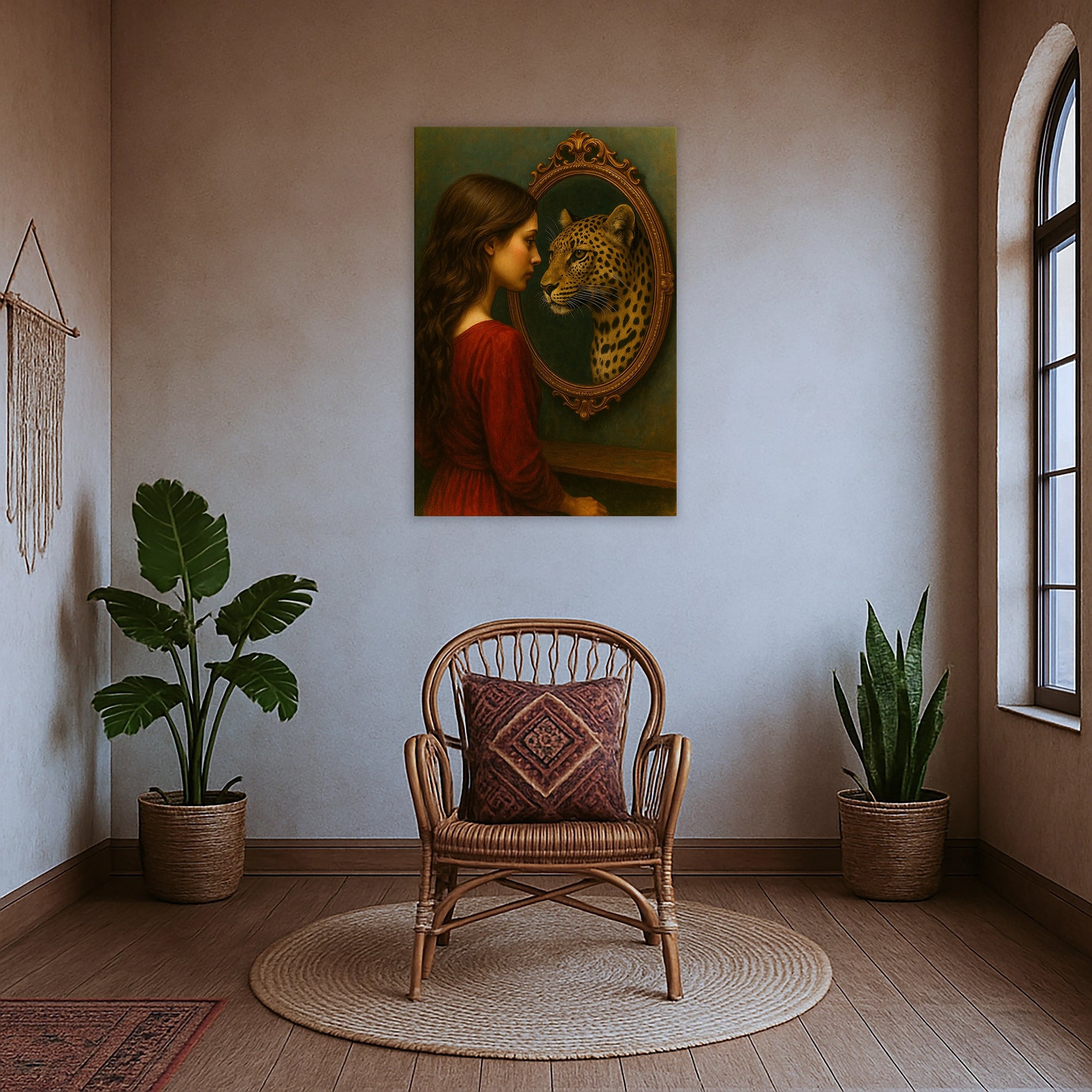 Çerçevesiz modern kanvas tablo, kadın portresi ve leopar illüstrasyonu ile tasarlanmış özgün ve hikâye anlatan bir duvar dekoru modelidir. FabricUp dijital baskı ile üretilen yüksek çözünürlüklü yüzey, dayanıklı, net ve şık görünüm sunarak mekâna karakter kazandırır.