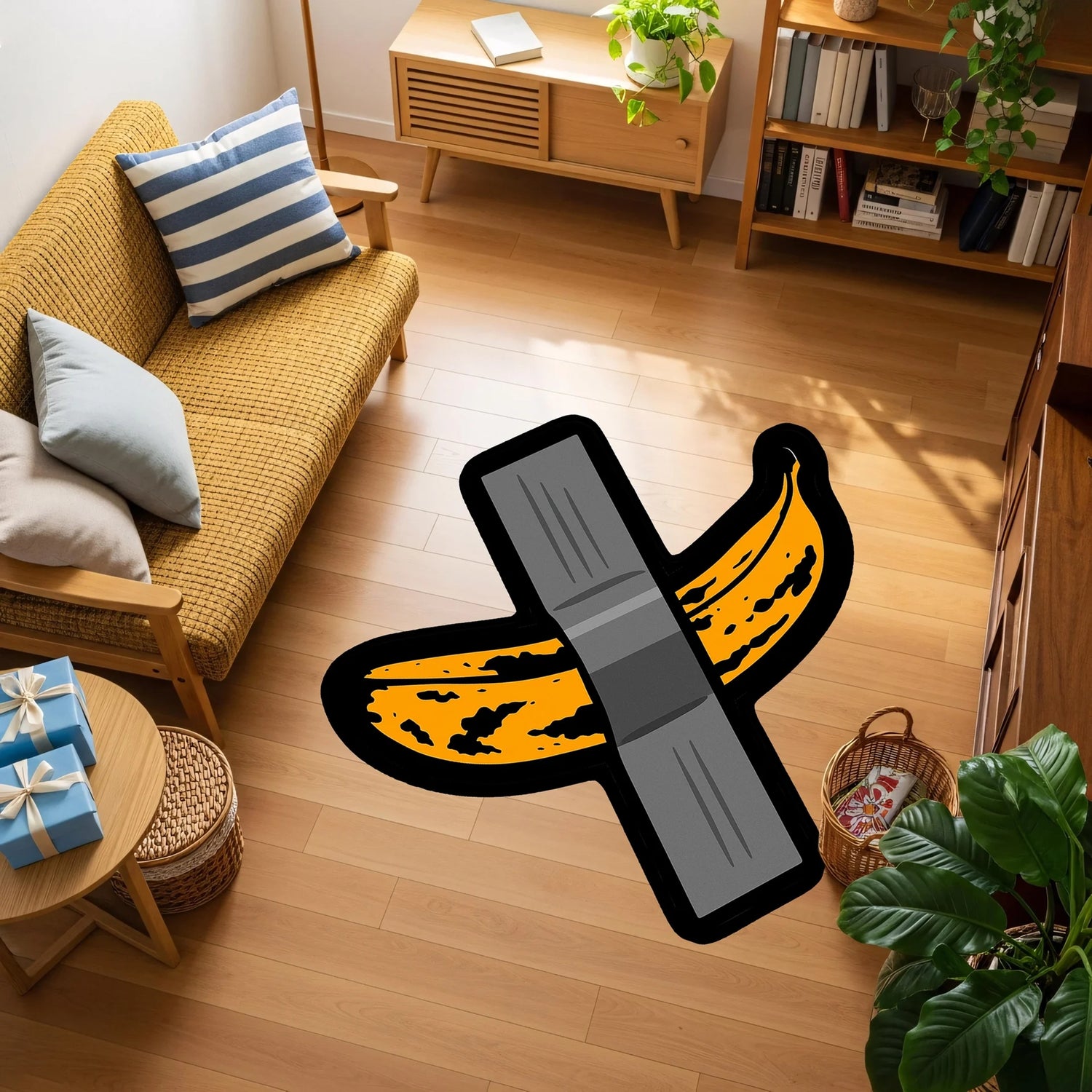 Siyah konturlu soyut muz figürü ve gri bant detayıyla tasarlanmış bu halı, pop art stil, modern grafik illüstrasyon, minimal renk paleti ve eğlenceli sembolik tema ile genç odası ve çağdaş dekorasyon için dikkat çekici bir tasarım sunar.
