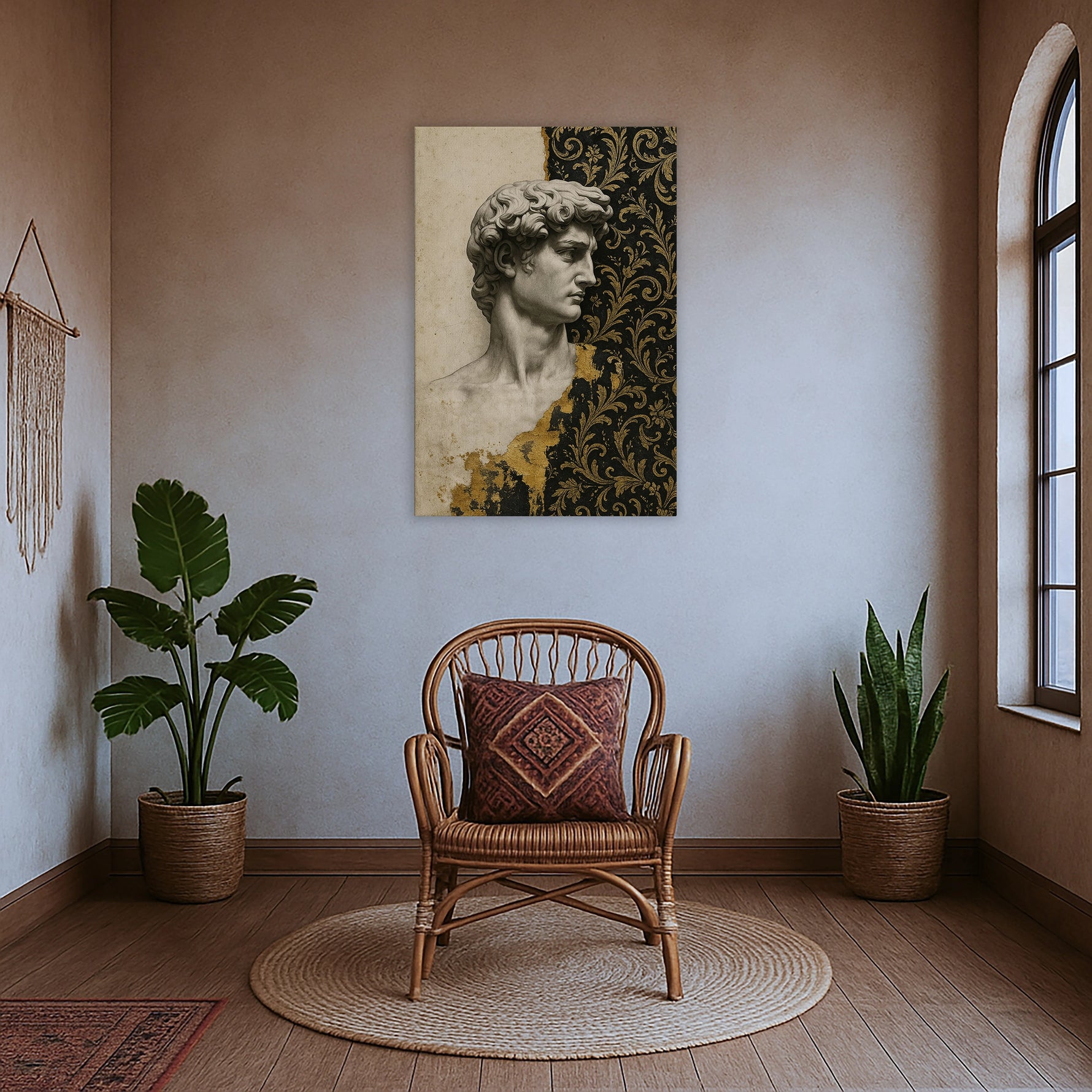 Çerçevesiz modern kanvas tablo, heykel büstü illüstrasyonu ve altın desenli arka planla tasarlanmış zamansız ve karakterli bir duvar dekoru modelidir. FabricUp dijital baskı sayesinde yüksek çözünürlüklü, net ve dayanıklı yüzey sunarak uzun ömürlü dekorasyon sağlar.