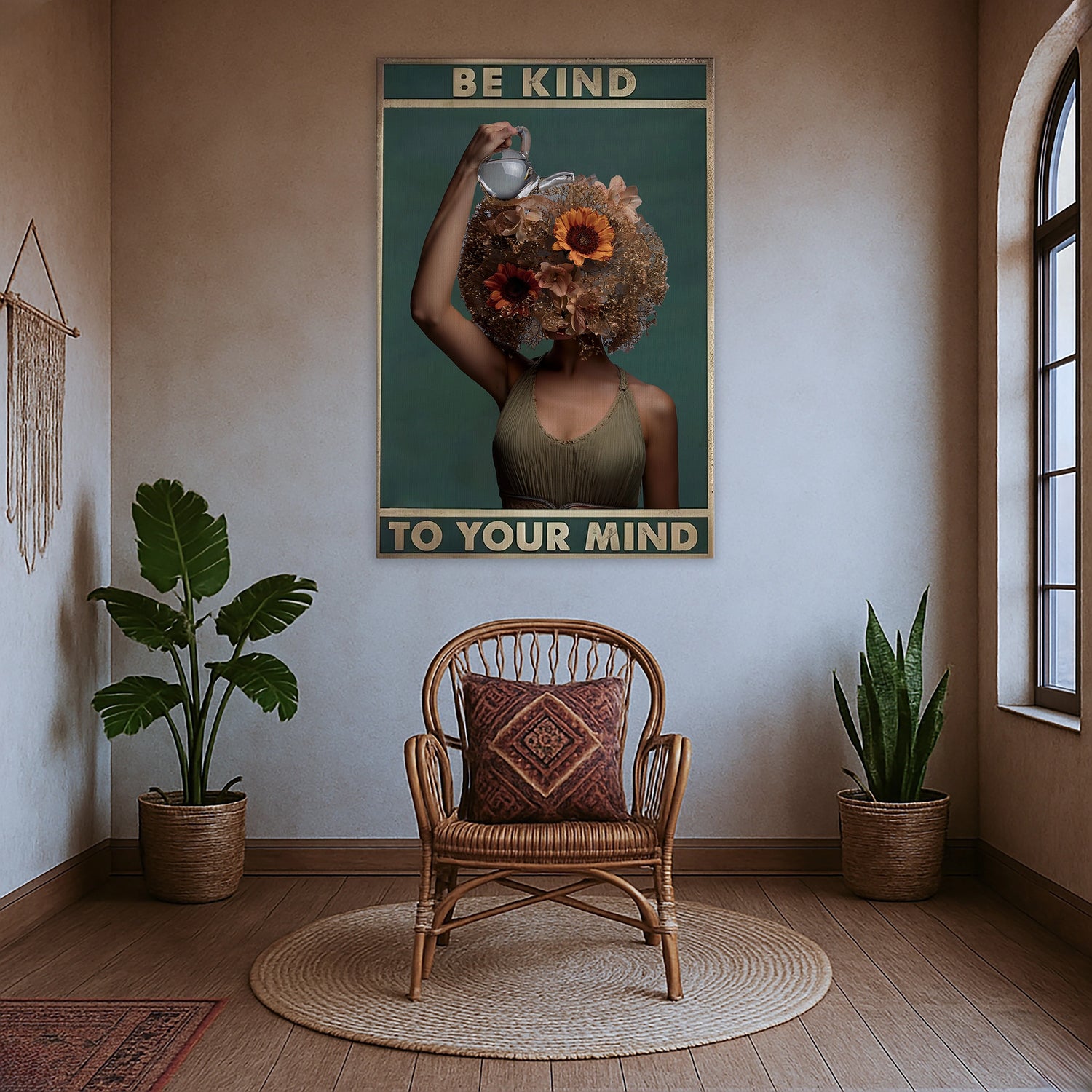 Be Kind To Your Mind yazılı çiçek başlı kadın figürüyle tasarlanan çerçevesiz kanvas tablo, mindfulness ve pozitif yaşam temasını modern sanat estetiğiyle birleştirir. Net baskı kalitesiyle salon, yatak odası ve yoga alanları için huzurlu ve ilham verici bir FabricUp duvar dekorudur.