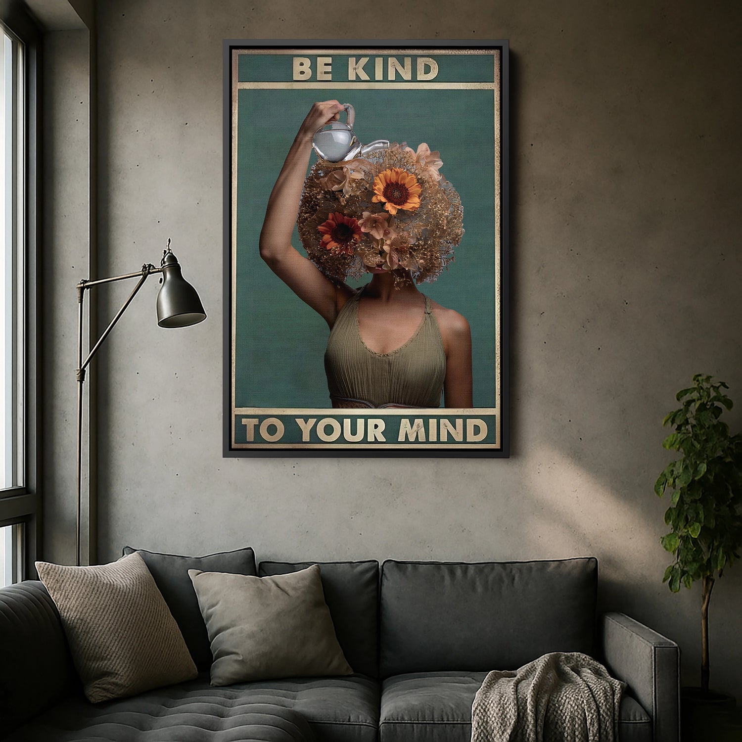 Siyah çerçeveli motivasyon mesajlı kanvas tablo, koyu çerçeve kontrastıyla tipografi ve çiçek detaylarını daha güçlü gösterir. Sanatsal kadın figürü ve doğal tonlar yüksek çözünürlüklü baskıyla öne çıkar, ofis ve yaşam alanları için estetik bir FabricUp tasarımıdır.