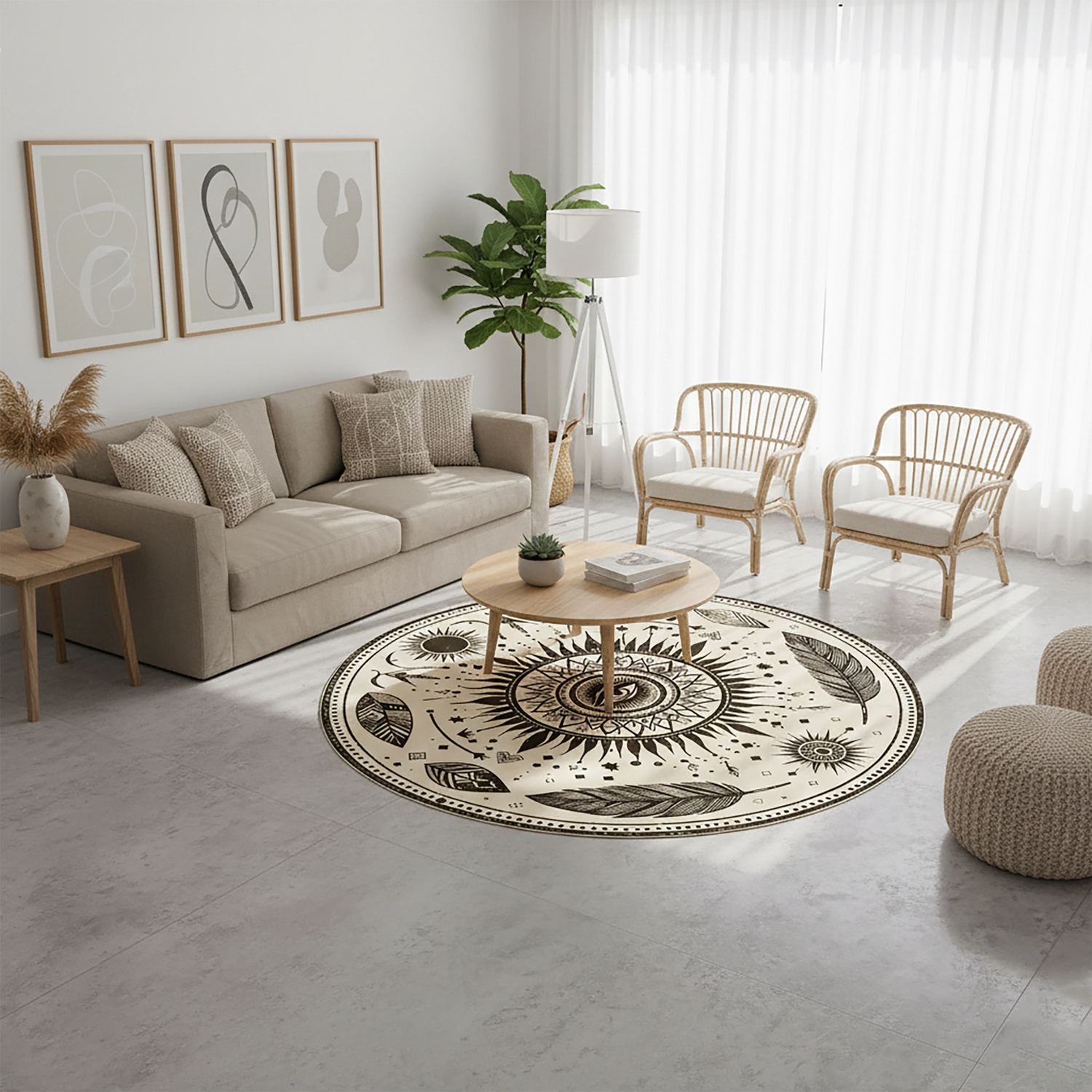 Bohem Güneş Motifli Halı | Mistik Tüy Desenli Modern Salon Dekoratif Halısı