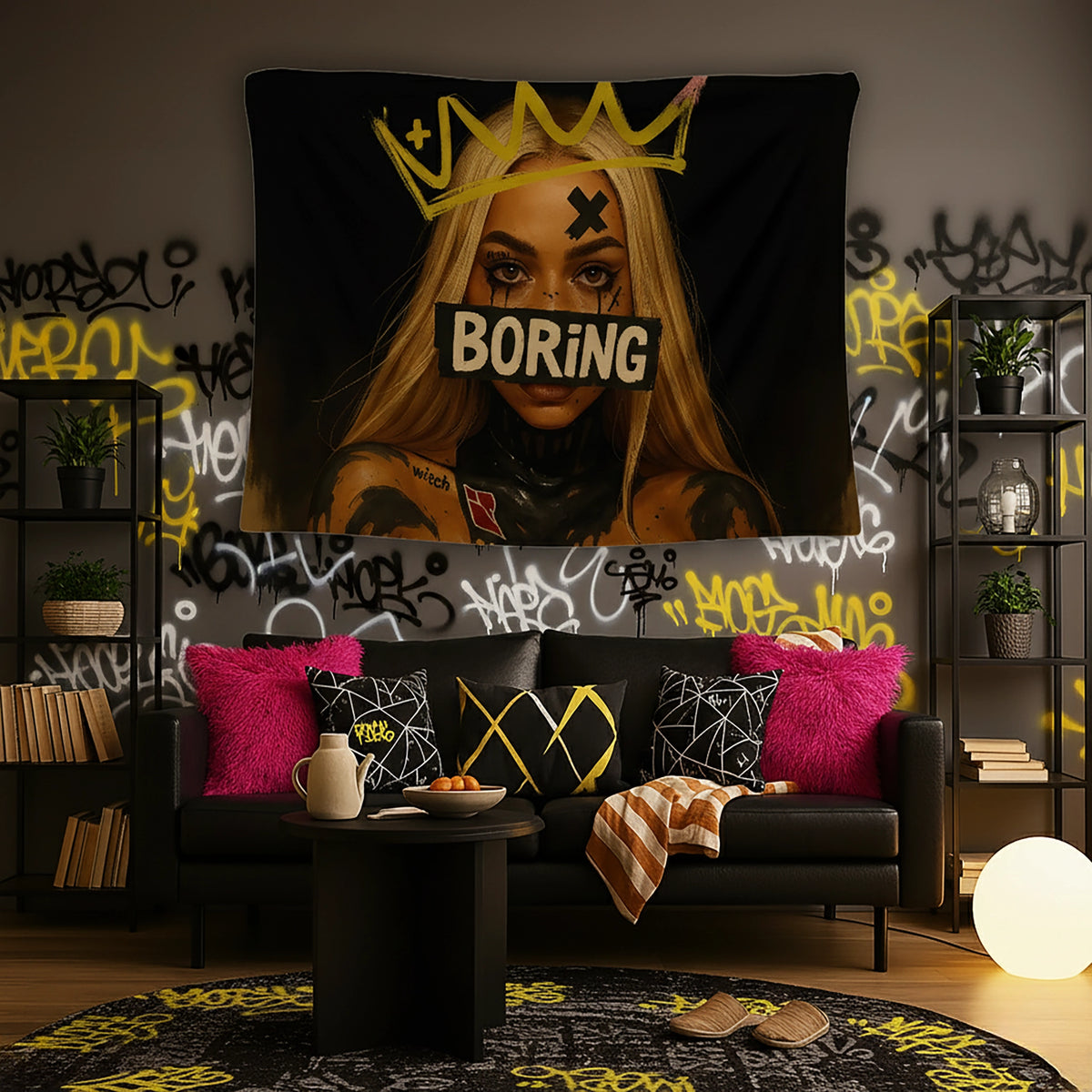 Siyah arka plan üzerinde sarı taç çizimi, yüzünde bant formunda “Boring” yazısı ve grafiti tarzı işaretlerle tasarlanmış kadın portresi içeren duvar örtüsü, sokak sanatı ve pop art estetiğini yansıtan cesur, alternatif ve modern bir grafik kompozisyon sunan dekoratif tekstil tasarımıdır.