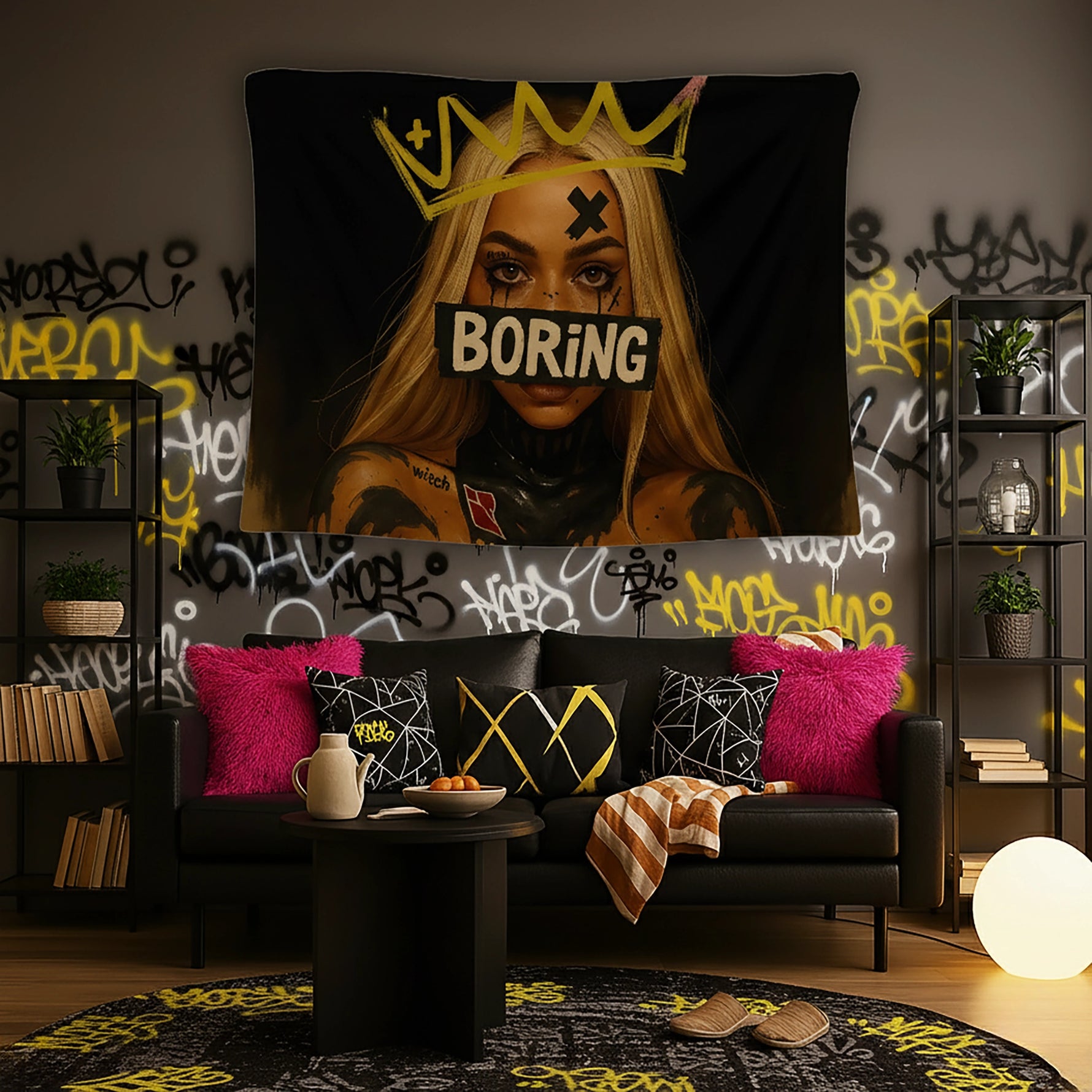 Siyah arka plan üzerinde sarı taç çizimi, yüzünde bant formunda “Boring” yazısı ve grafiti tarzı işaretlerle tasarlanmış kadın portresi içeren duvar örtüsü, sokak sanatı ve pop art estetiğini yansıtan cesur, alternatif ve modern bir grafik kompozisyon sunan dekoratif tekstil tasarımıdır.