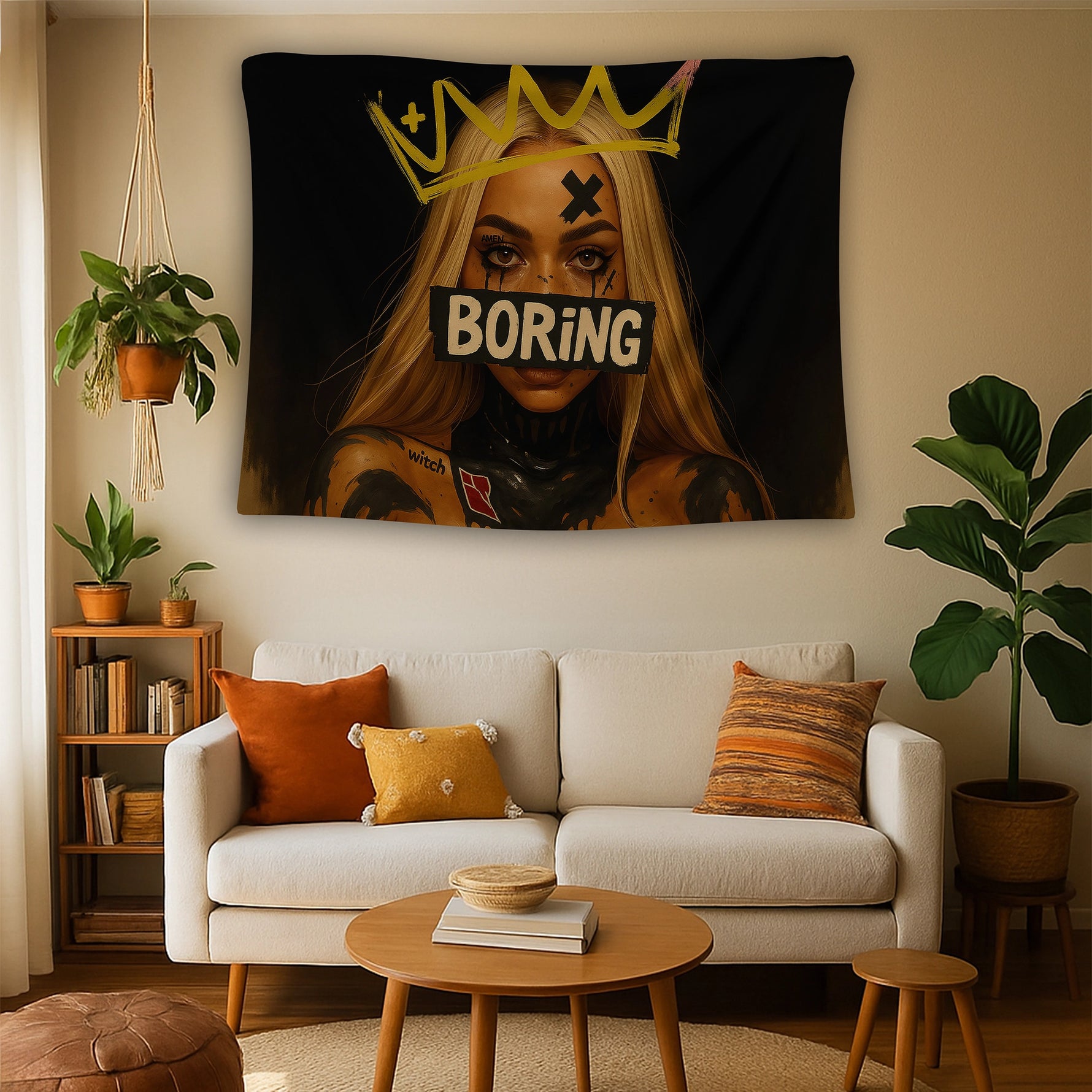 Koyu zemin üzerinde merkezde konumlanan kadın portresi, grafiti tarzı semboller, boya lekeleri ve bant yazı detayıyla tasarlanmış duvar örtüsü, urban sanat, alternatif stil ve modern grafik anlayışını yansıtan enerjik ve özgün bir dekoratif tekstil tasarımına sahiptir.