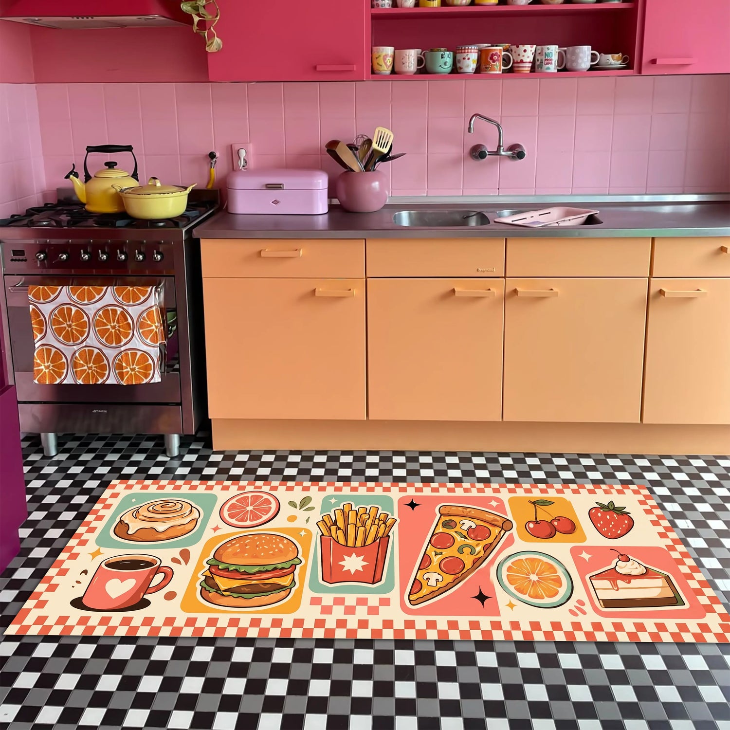 Retro Fast Food Mutfak Halısı – Burger Pizza Tartı Desenli Halı