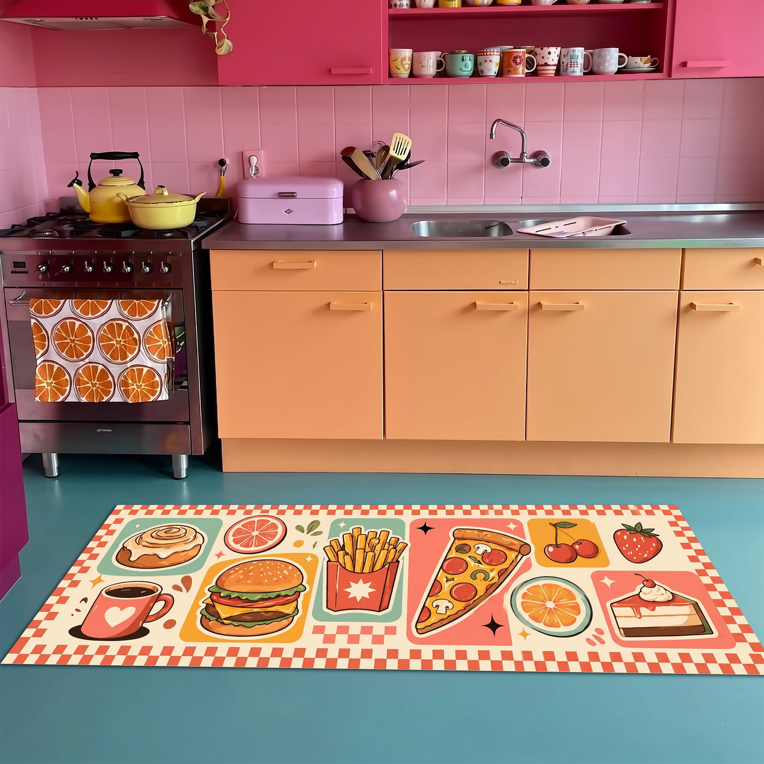 Retro Fast Food Mutfak Halısı – Burger Pizza Tartı Desenli Halı