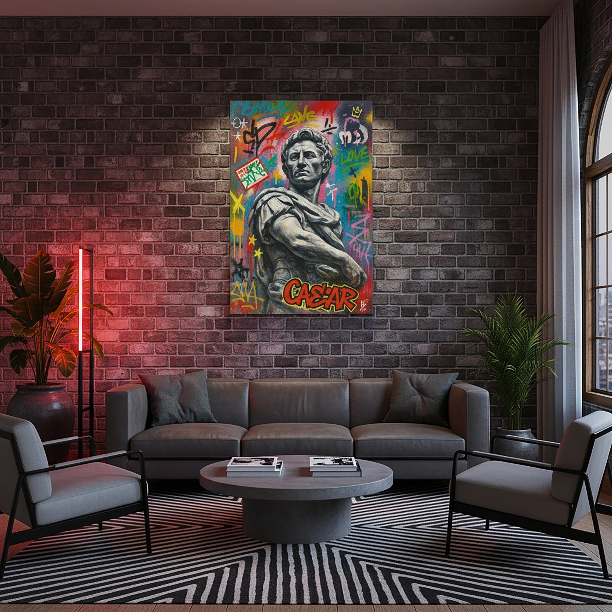 Çerçevesiz kanvas tablo olarak tasarlanan bu grafiti tarzı duvar dekoru, antik Roma heykel büstü ve renkli sokak sanatı yazılarıyla klasik sanat ile modern street art estetiğini birleştirir. Tuğla duvar konseptiyle güçlü bir atmosfer sunan yüksek çözünürlüklü FabricUp dijital baskı eseridir.