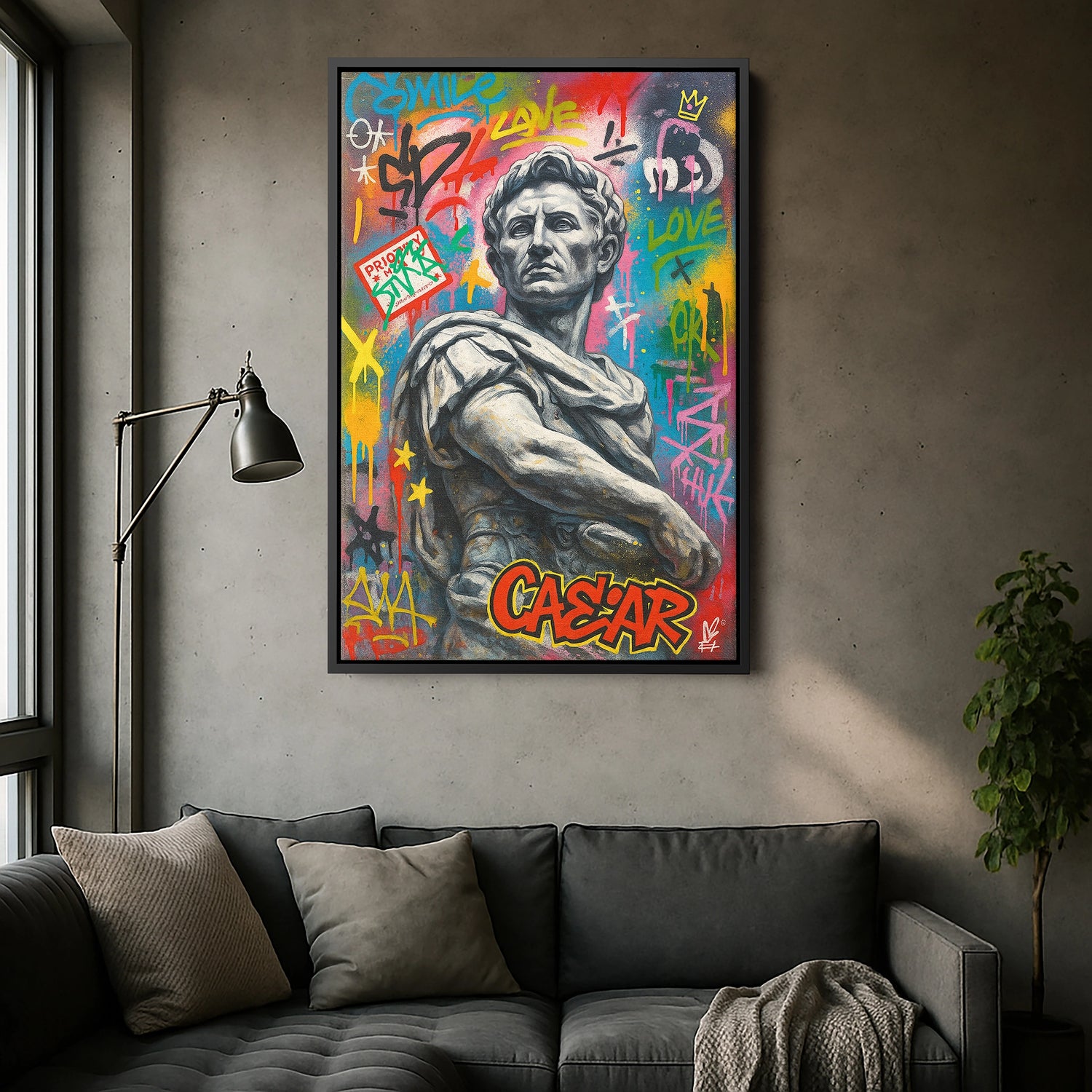 Siyah çerçeveli kanvas tablo versiyonunda koyu çerçeve, grafiti renklerini ve heykel detaylarını daha belirgin hale getirir. Retro pop art ve urban dekor sevenler için salon, ofis ve genç odalarında dikkat çeken premium kalitede FabricUp modern sanat tablosudur.
