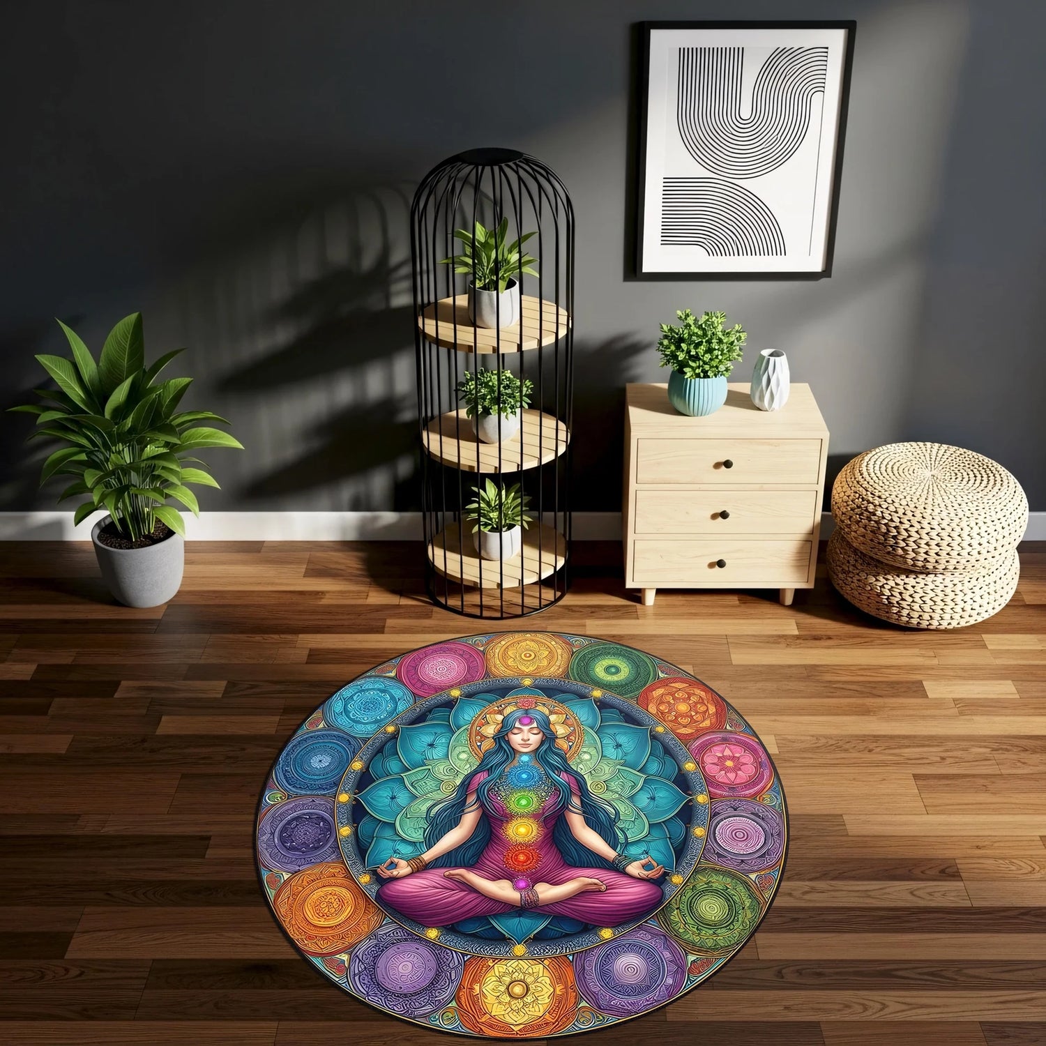 Çakra renkleriyle çevrelenmiş mandala düzeni içinde lotus pozunda betimlenen kadın figürüyle oluşturulmuş yuvarlak dijital baskı halı, simetrik desen yapısı ve zengin renk paletiyle spiritüel bir atmosfer yaratır. Dijital baskı kalitesi sayesinde kontur çizgileri keskin, geçiş tonları dengeli ve desen bütünlüğü homojen şekilde algılanır. Meditasyon alanı, yoga stüdyosu, salon ve kişisel farkındalık köşelerinde kullanılabilecek bu halı, FabricUp markasının ruhsal temalı koleksiyonuna aittir.
