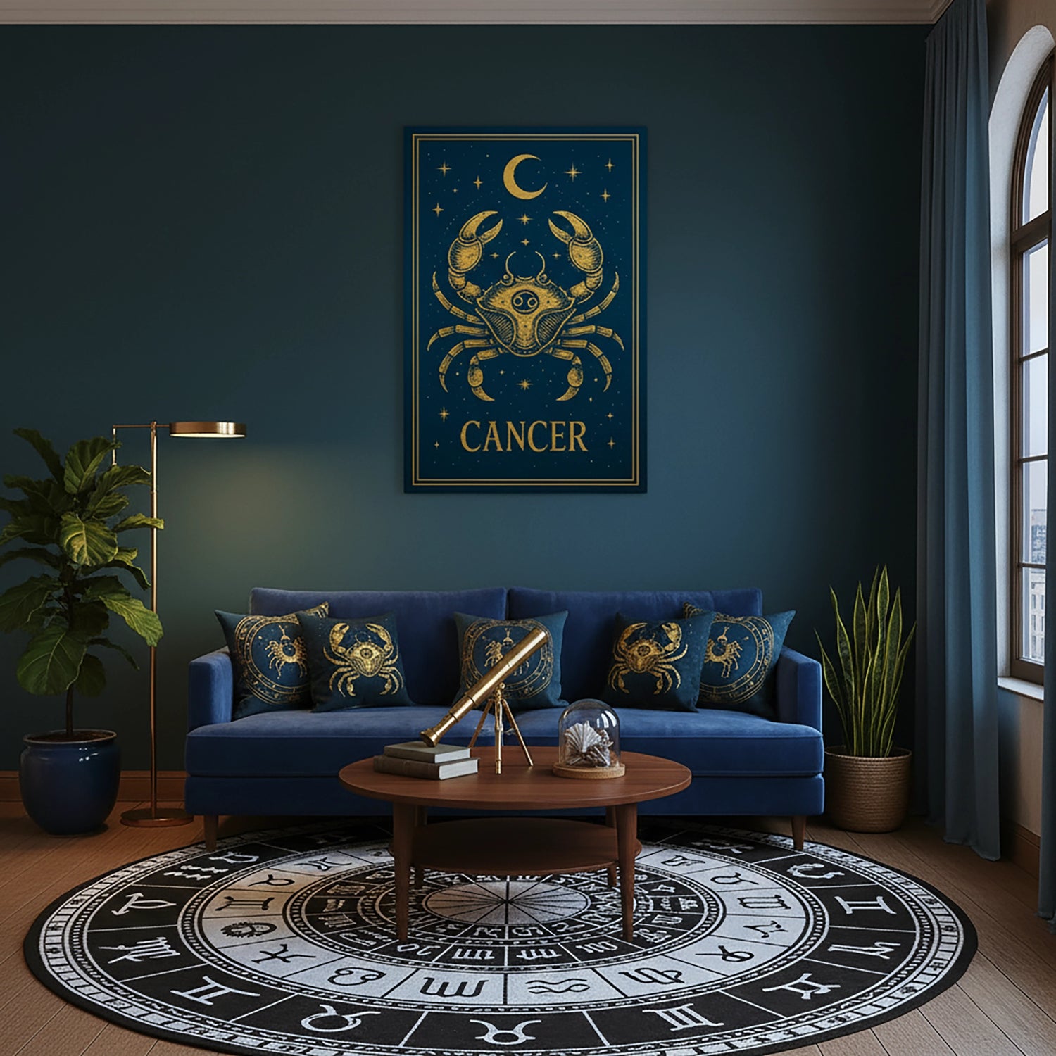 Yengeç burcunu simgeleyen detaylı altın gravür yengeç figürü, ay ve yıldız sembolleriyle tasarlanan Cancer temalı çerçevesiz kanvas tablo, koyu lacivert zemin üzerinde güçlü bir kozmik atmosfer oluşturur. Yüksek çözünürlüklü dijital baskı sayesinde ince çizgiler net ve canlı görünür. Astroloji ve burç dekorasyonu sevenler için salon ve ofislerde dikkat çeken özgün bir FabricUp duvar sanatı tasarımıdır.