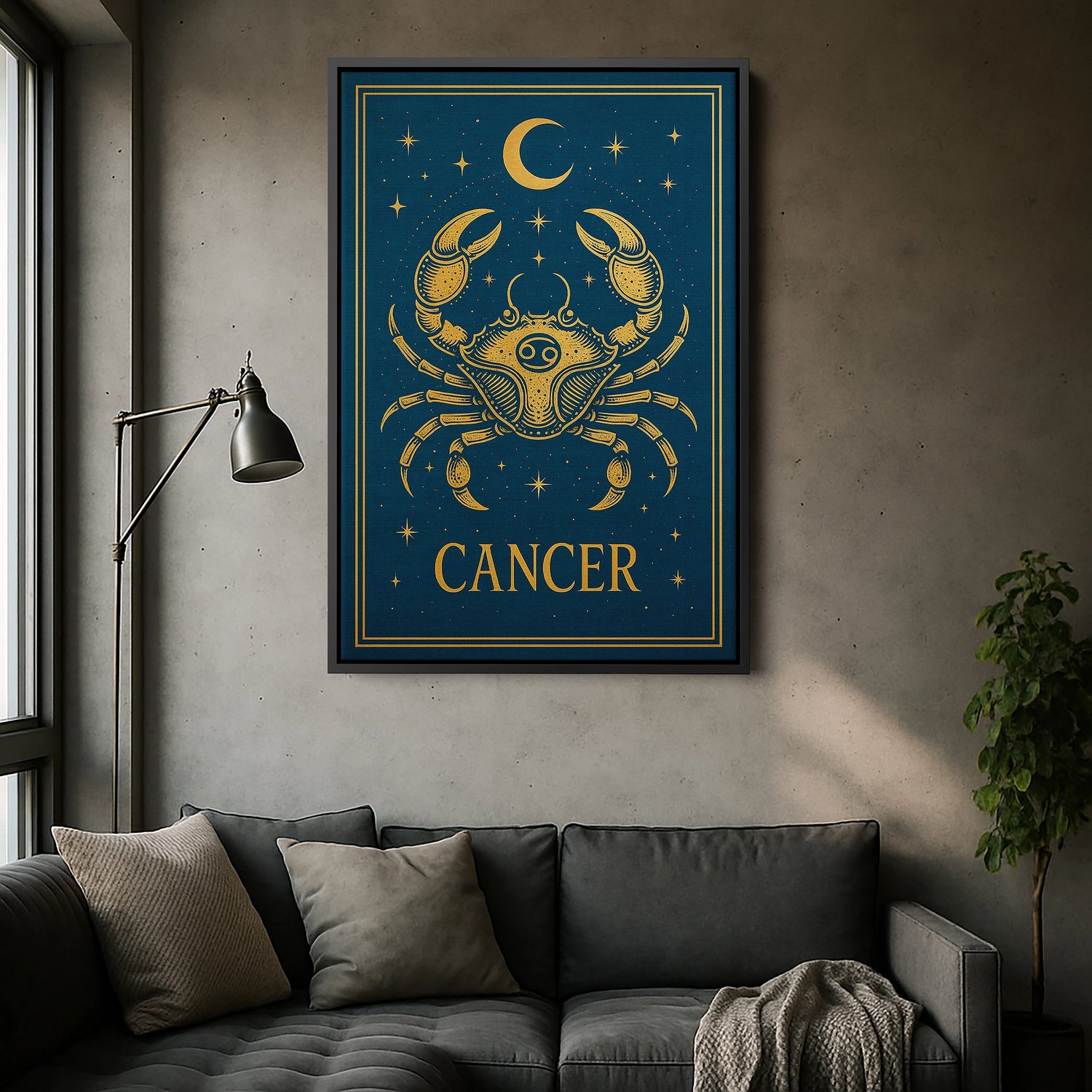 Siyah çerçeveli Cancer burç kanvas tablo, koyu çerçevenin sağladığı kontrast ile altın tipografi ve illüstrasyon detaylarını daha belirgin hale getirir. Yengeç sembolü, ay hilali ve yıldız motifleri mistik bir gece gökyüzü kompozisyonu sunar. Modern, spiritüel ve lüks dekorasyon tarzlarına uyum sağlayan estetik ve kaliteli bir FabricUp tablo modelidir.