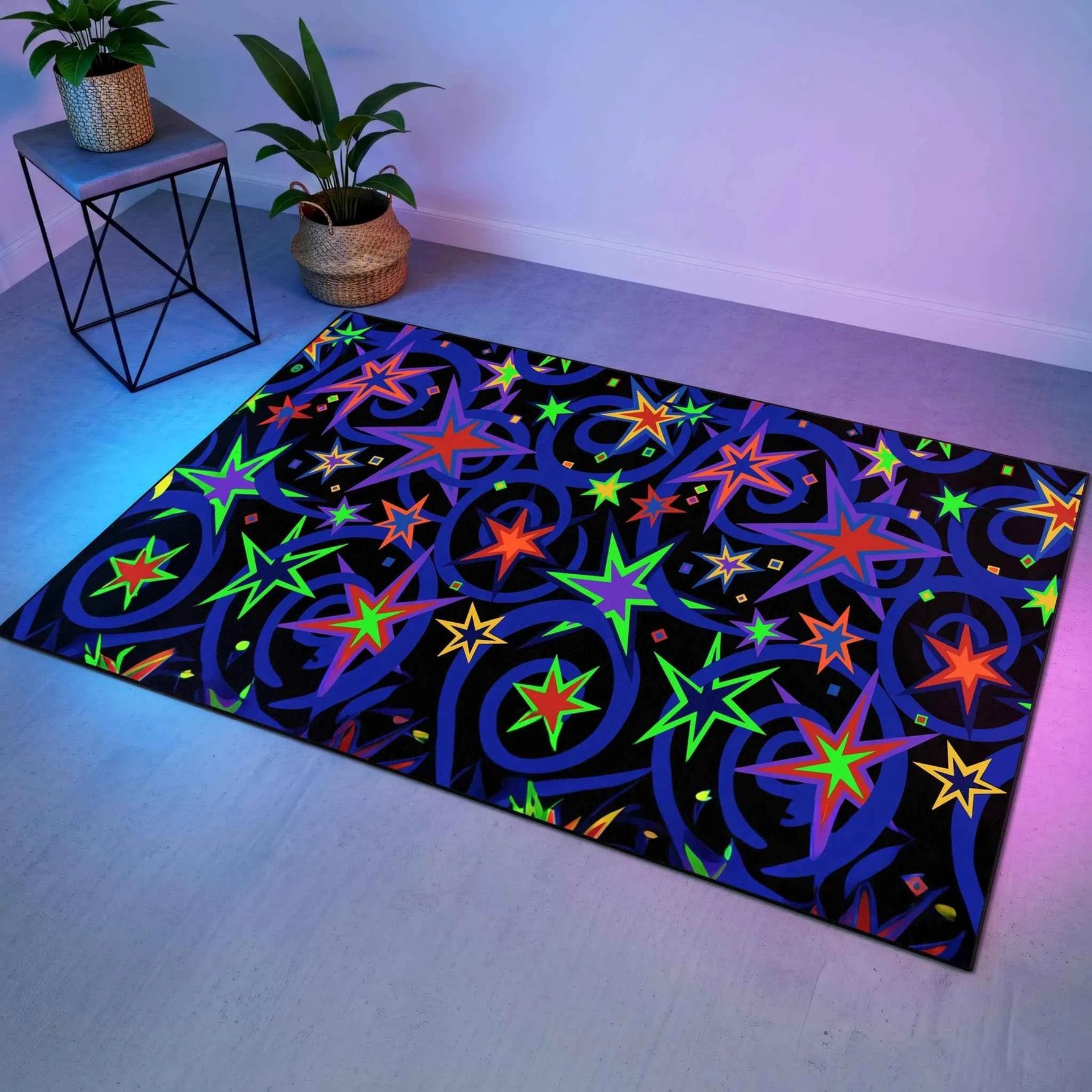 Neon Yıldız Fırtınası Desenli Siyah Modern Salon Halısı