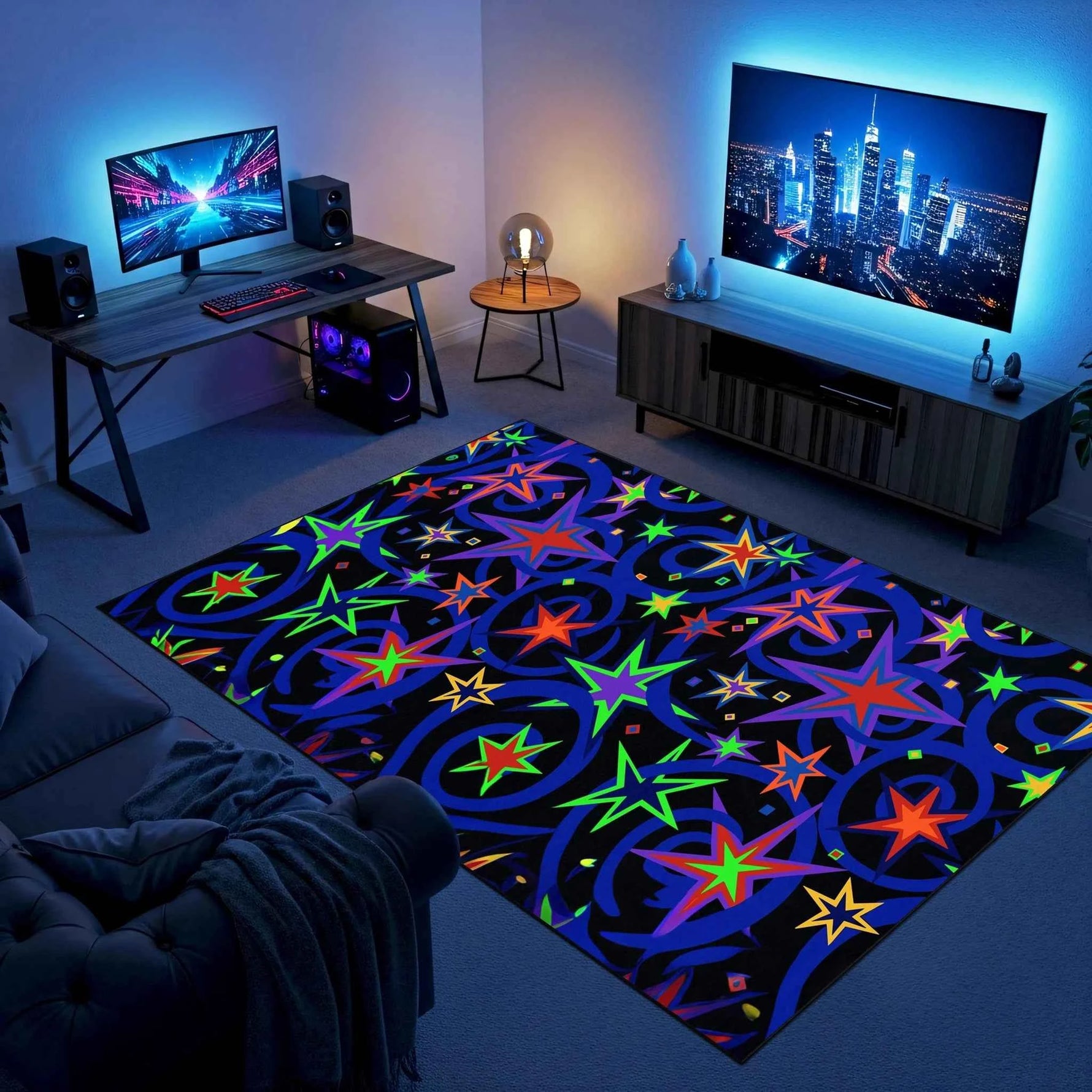 Neon Yıldız Fırtınası Desenli Siyah Modern Salon Halısı