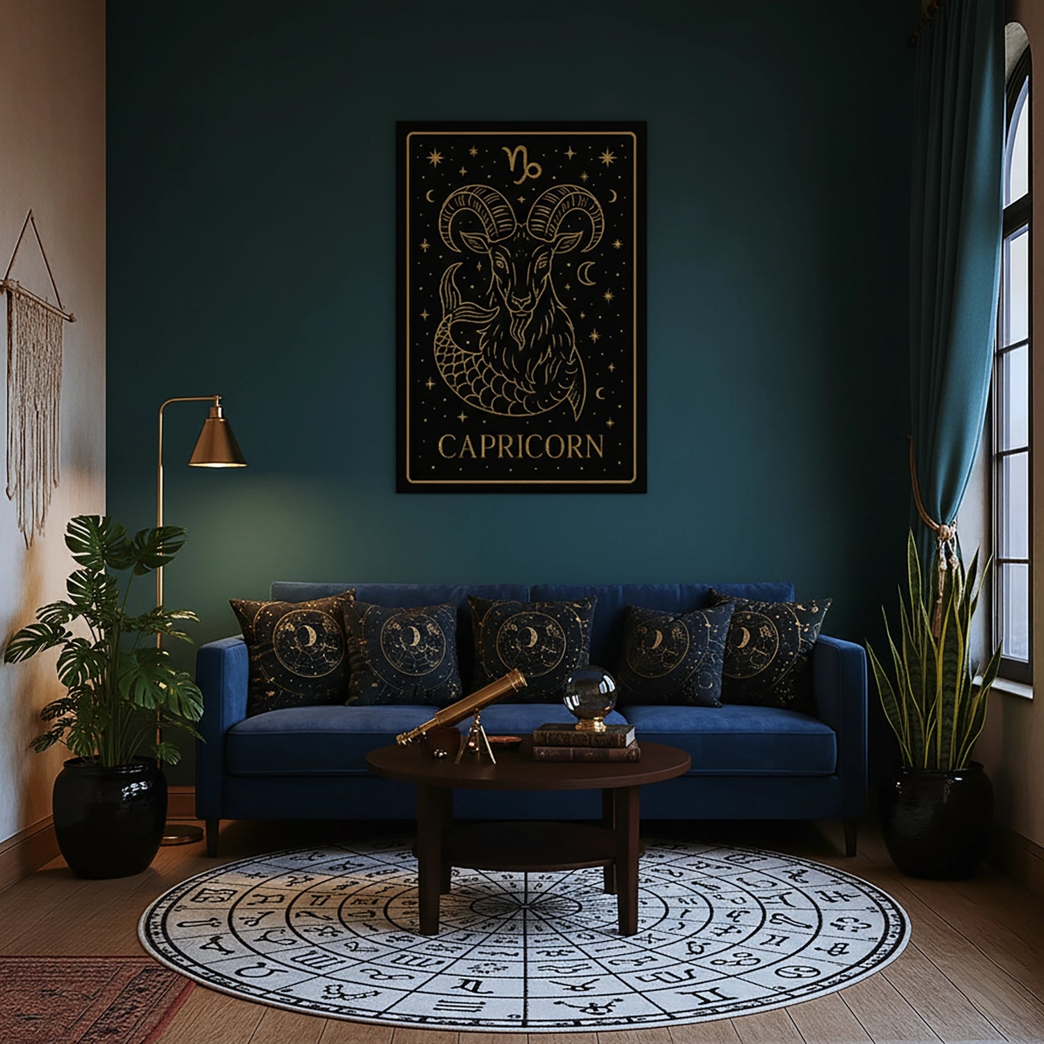 Çerçevesiz kanvas tablo olarak tasarlanan bu Capricorn burcu duvar dekoru, siyah zemin üzerinde altın deniz keçisi figürü, ay ve yıldız motifleriyle güçlü ve mistik bir atmosfer sunar. Astroloji temalı modern dekorasyonlar için yüksek çözünürlüklü FabricUp dijital baskı sanat eseridir.