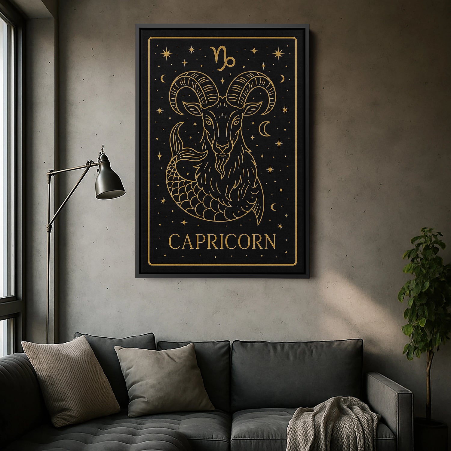 Siyah çerçeveli kanvas tablo versiyonunda koyu çerçeve kontrastı, altın çizgili Capricorn illüstrasyonunu daha belirgin ve etkileyici gösterir. Salon, ofis ve stüdyo duvarlarında sofistike bir odak noktası oluşturan premium kalitede FabricUp burç temalı dekoratif tablo tasarımıdır.
