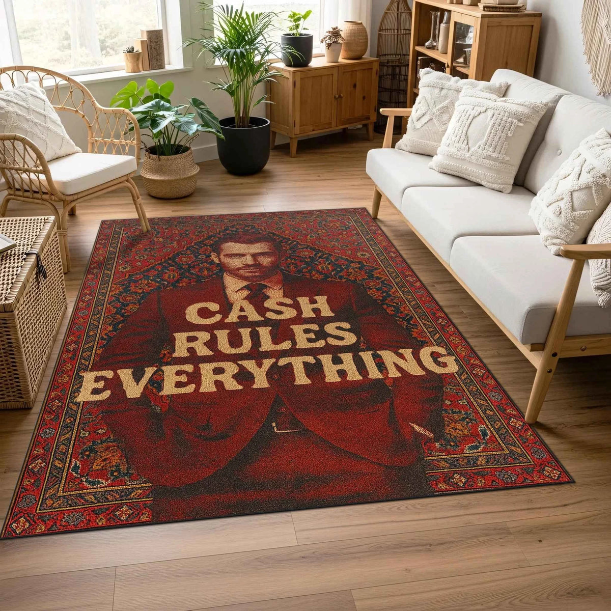 "Cash Rules Everything" Yazılı ve Portre Desenli Klasik Kırmızı Halı