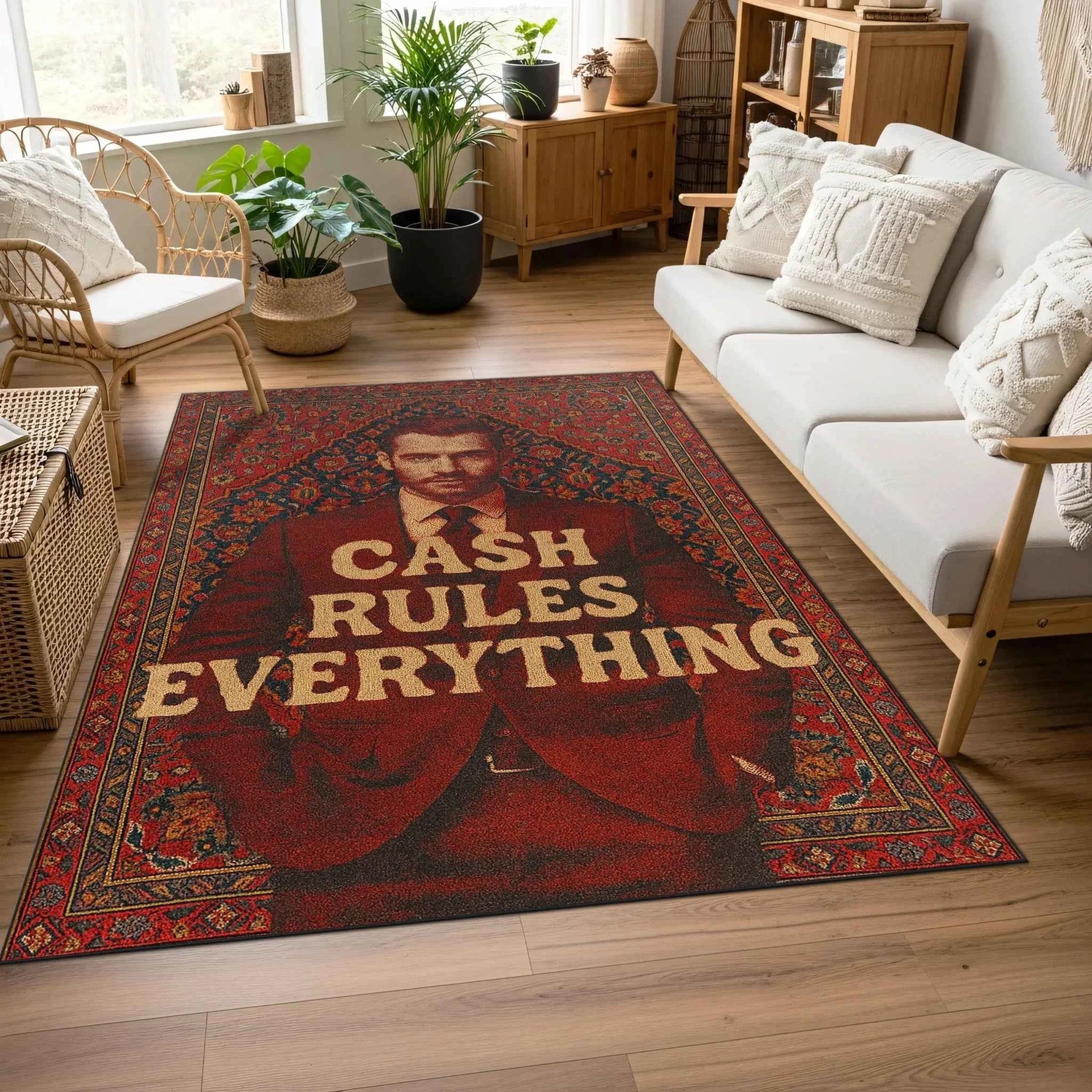 "Cash Rules Everything" Yazılı ve Portre Desenli Klasik Kırmızı Halı