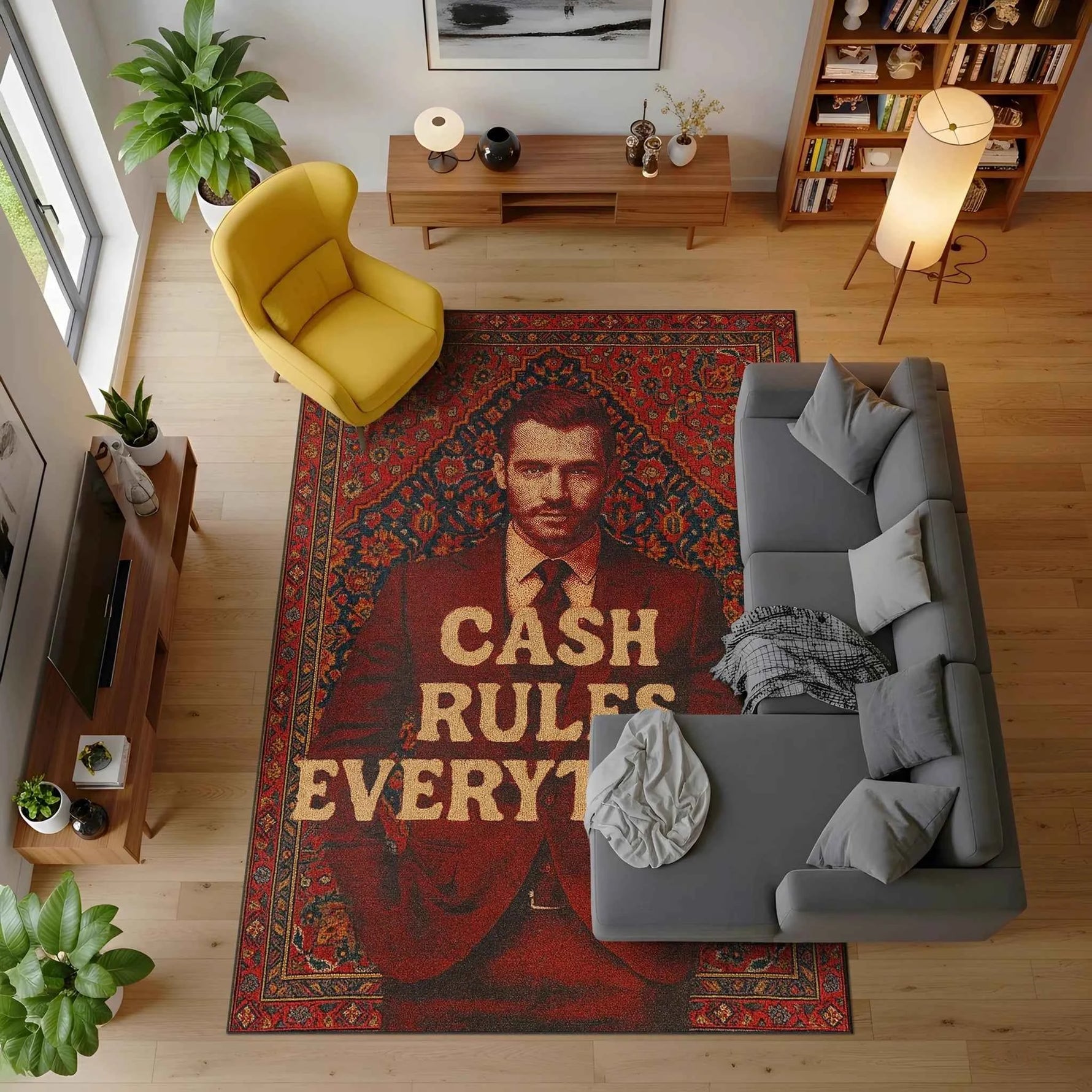 "Cash Rules Everything" Yazılı ve Portre Desenli Klasik Kırmızı Halı