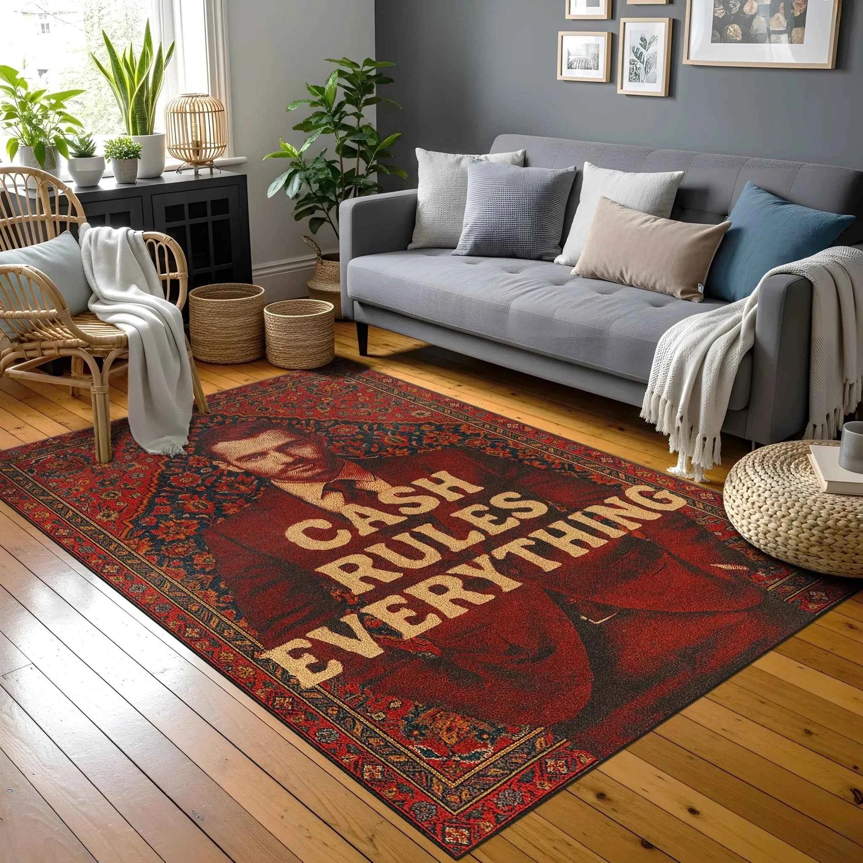 "Cash Rules Everything" Yazılı ve Portre Desenli Klasik Kırmızı Halı