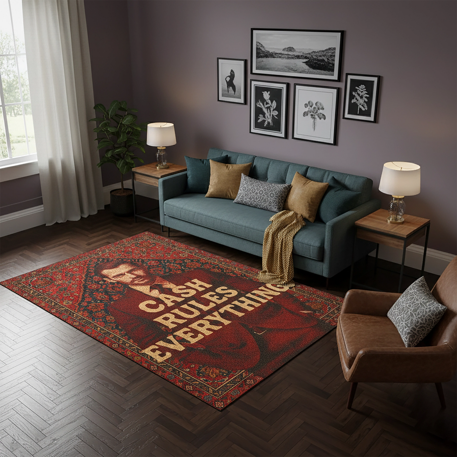 Kırmızı ağırlıklı modern tasarım halı, eskitme dokulu zemin üzerinde “Cash Rules Everything” yazı detayı ve portre figürüyle dikkat çeker. Vintage stil, dijital baskı yüzey, keskin renk kontrastları ve grafik tipografiyle tasarlanmış dekoratif halı modeli.
