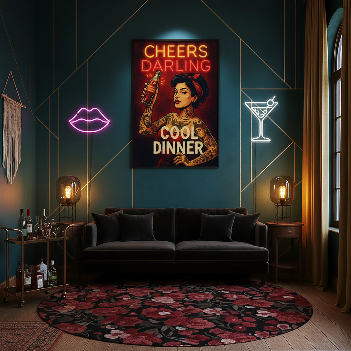 Çerçevesiz kanvas tablo, retro pin up kadın illüstrasyonu ve neon CHEERS DARLING tipografisiyle tasarlanmış eğlenceli ve modern duvar dekoru sunar. Yüksek çözünürlüklü baskı kalitesine sahip FabricUp dijital baskı, estetik, premium ve dikkat çekici dekorasyon için idealdir.