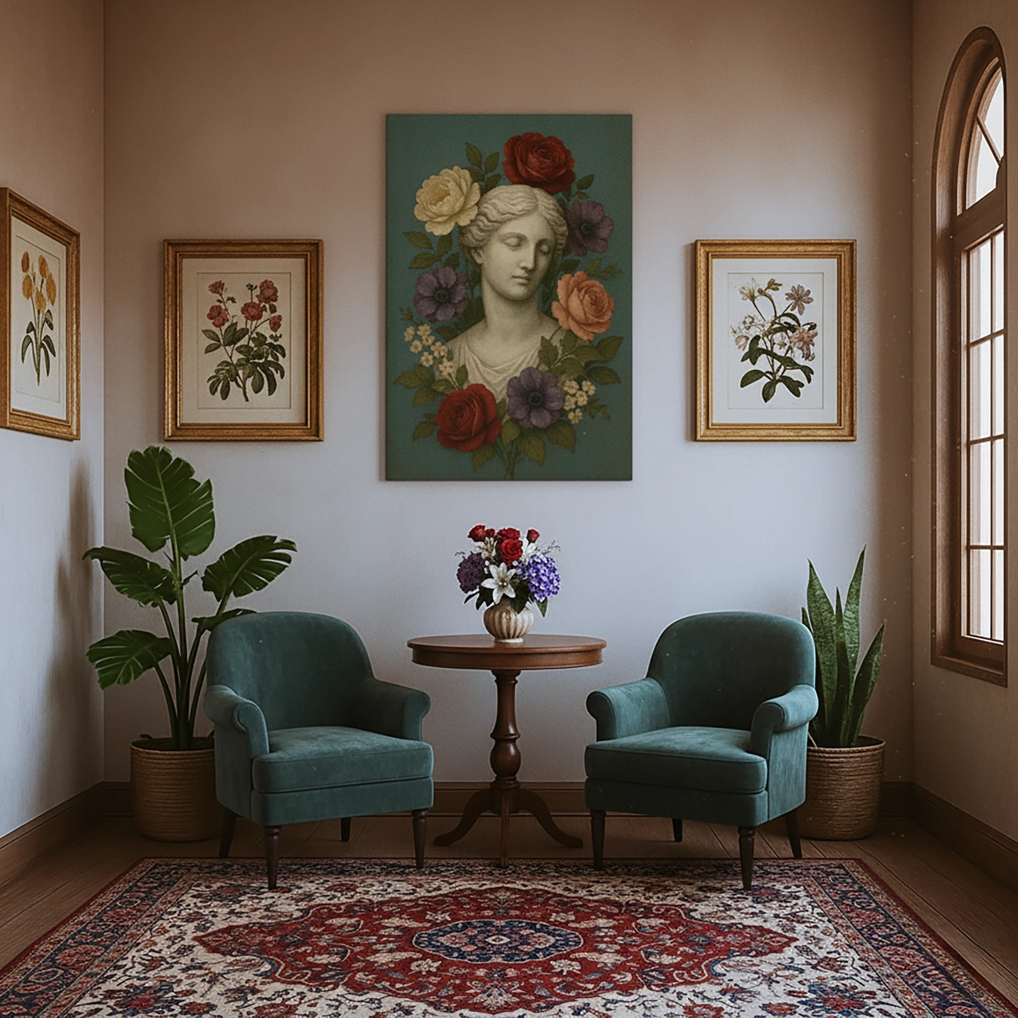 Klasik mermer kadın heykel büstü ve etrafını saran renkli çiçek kompozisyonuyla tasarlanan çerçevesiz kanvas tablo, vintage sanat ve botanik estetiğini birleştirir. Net baskı detayları sayesinde salon, yatak odası ve sanat köşeleri için zarif bir FabricUp duvar dekoru sunar.