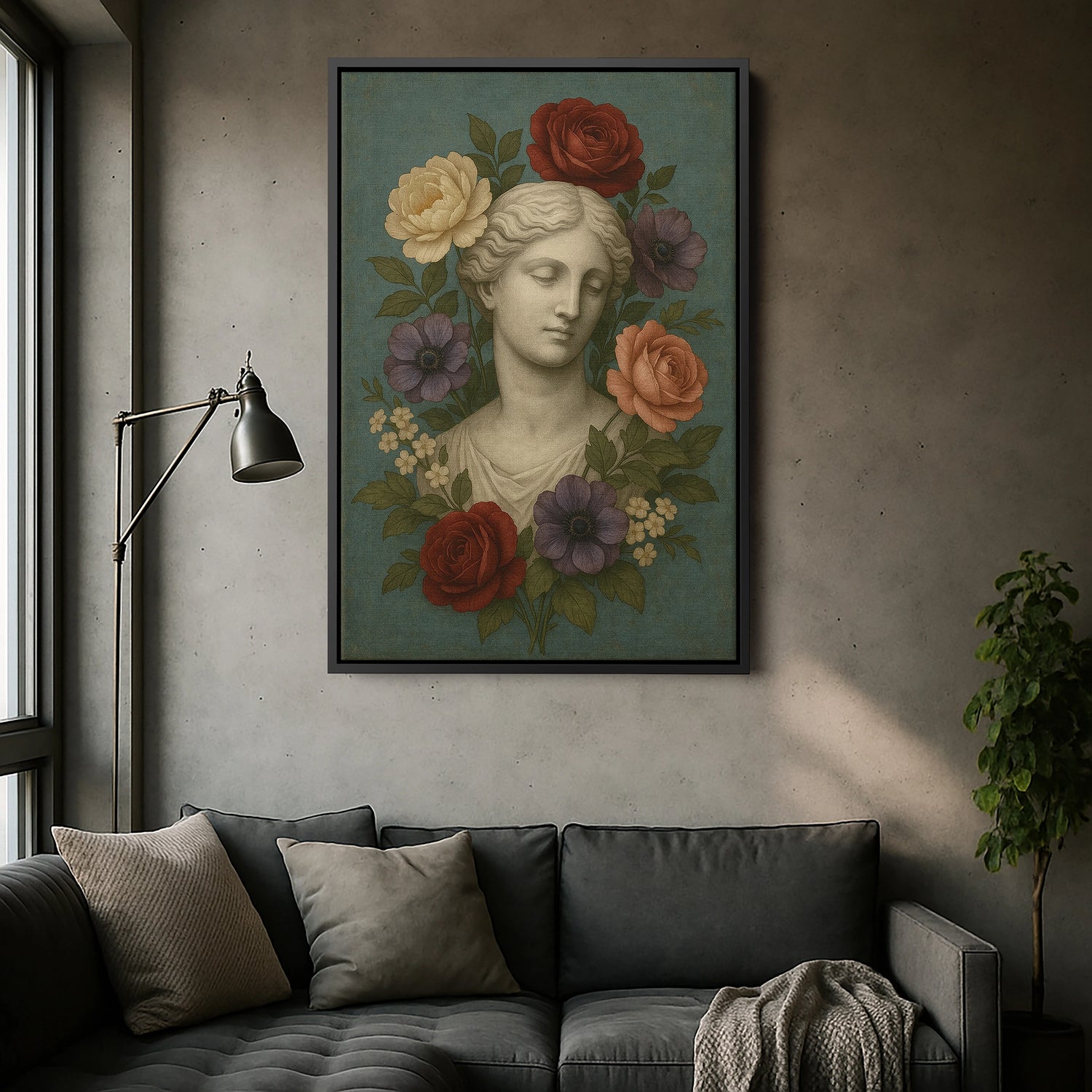 Siyah çerçeveli heykel büstü ve çiçek temalı kanvas tablo, koyu çerçeve kontrastıyla klasik figürü daha dramatik ve sofistike gösterir. Yağlı boya dokulu baskı ve zengin renkler net görünür, salon ve ofis dekorasyonu için şık bir FabricUp tasarımıdır.
