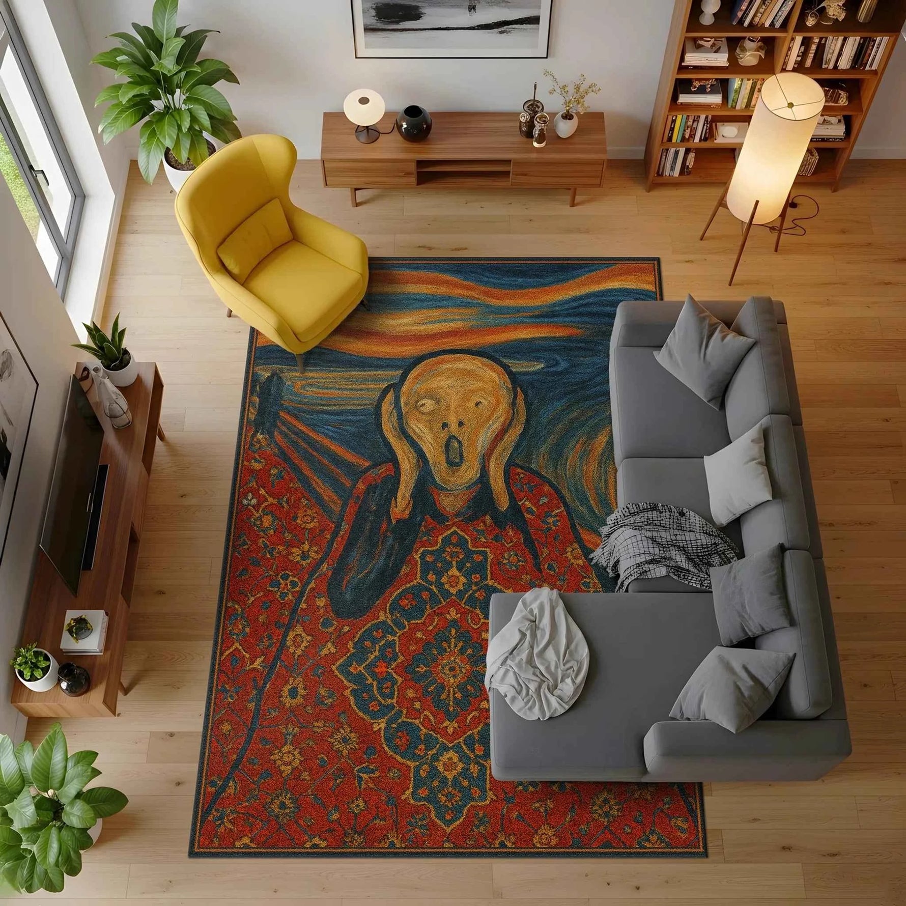 The Scream" Sanat Desenli ve Klasik Motifli Kırmızı Halı