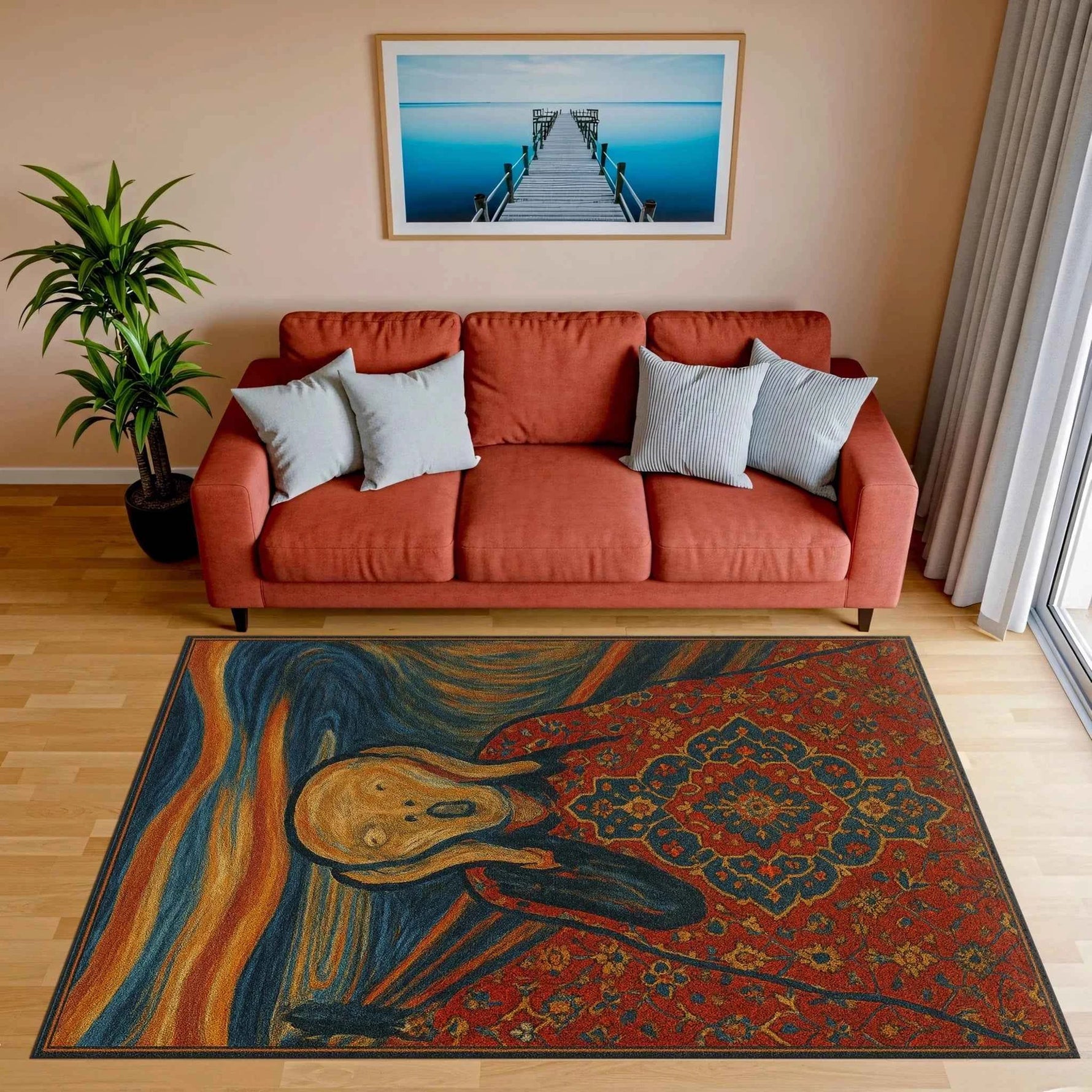 The Scream" Sanat Desenli ve Klasik Motifli Kırmızı Halı